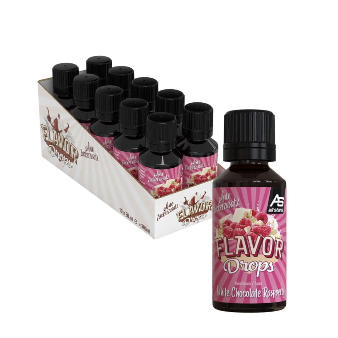 ALL STARS Flavor Drops, Smaksatta droppar utan tillsatt socker och utan kalorier - Sötma och smak för mat, 30 ml Sötningsmedel Naty Shop Vit choklad med hallon 10 x 30 ml