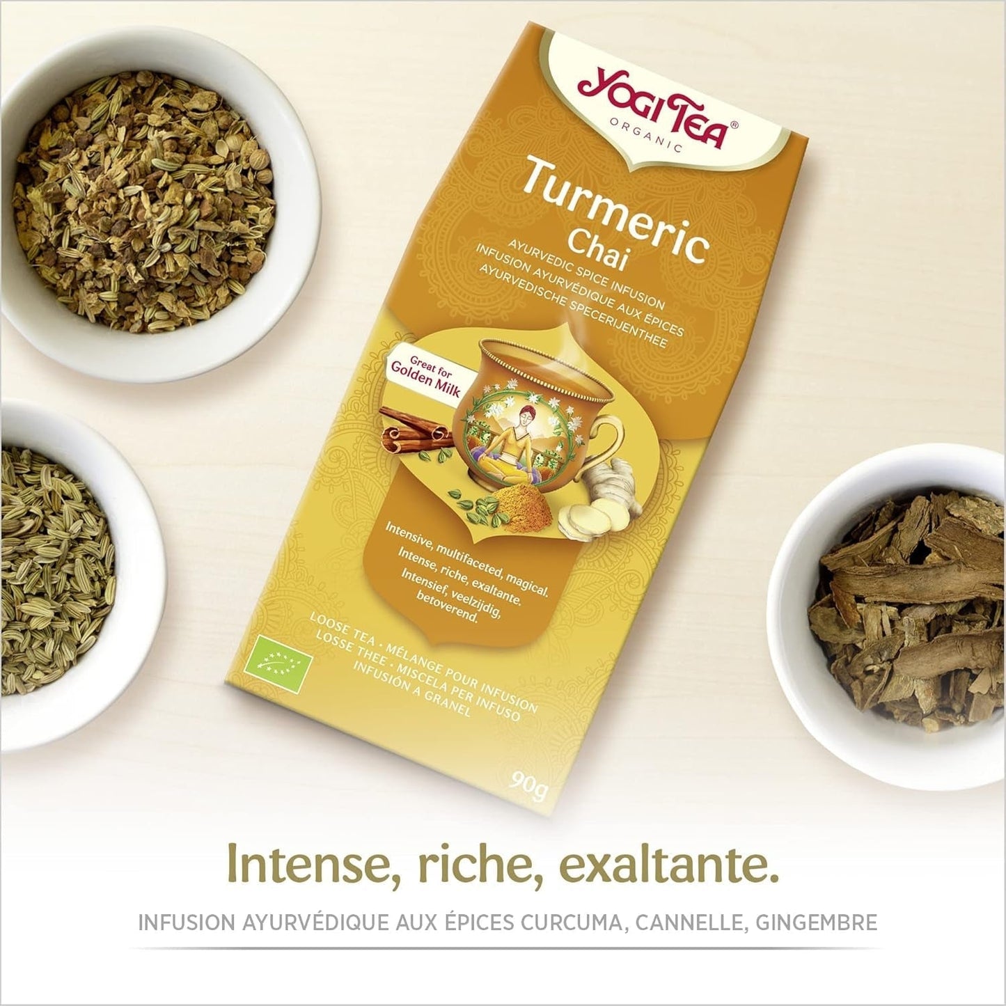 Yogi Tea - Kurkuma Chai Ekologiskt kryddat ayurvediskt te Koffeinfritt Gurkmeja Kanel Ingefärsblandning Yogi Te Lös 8 x 90 g (720 g) Förpackning Idealisk present