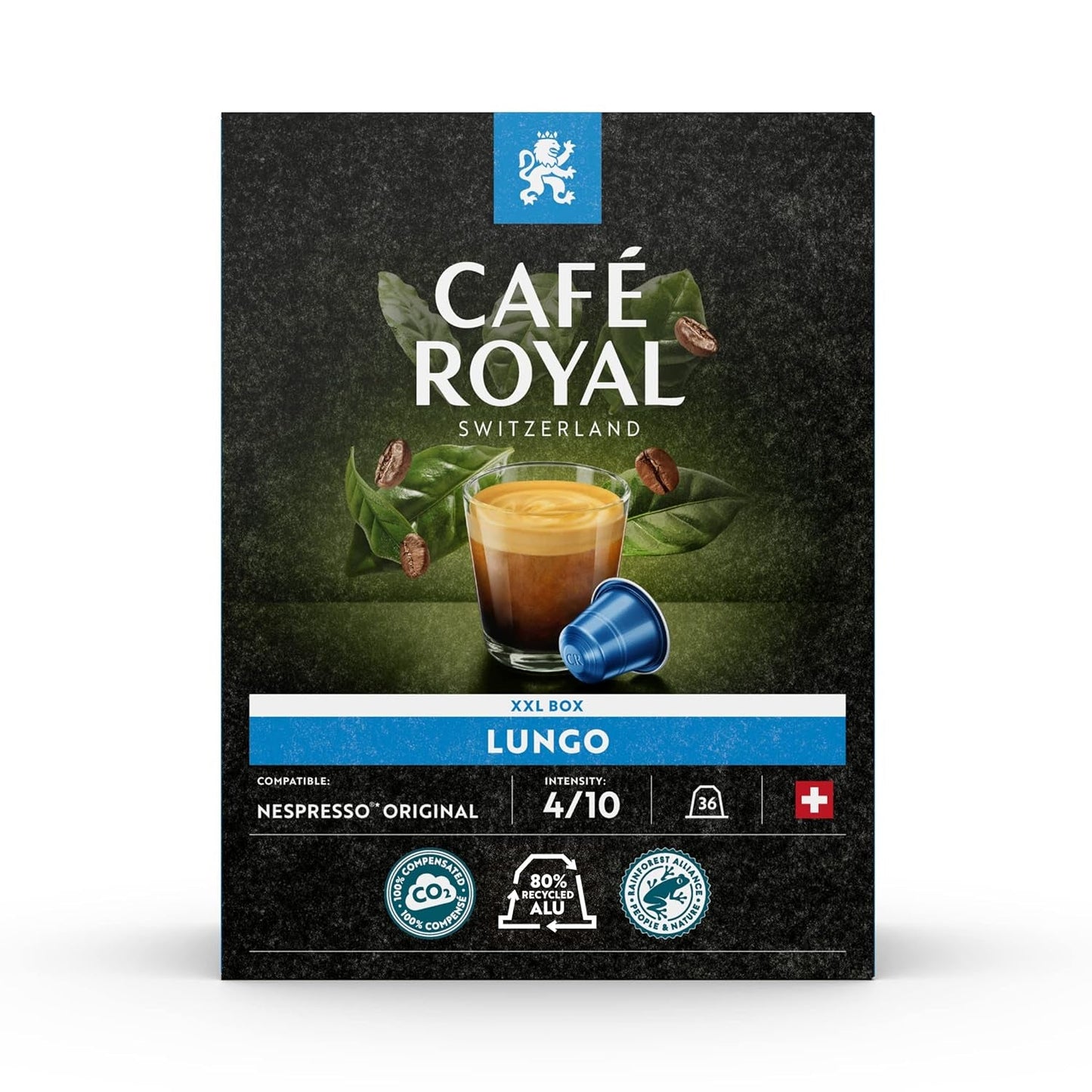 Café Royal Dark Chocolate Flavored 100 Kapseln für Nespresso Kaffee Maschine - 4/10 Intensität - UTZ-zertifiziert, aus Aluminium & Lungo 36 Kapseln für Nespresso Kaffee Maschine - 4/10 Intensität