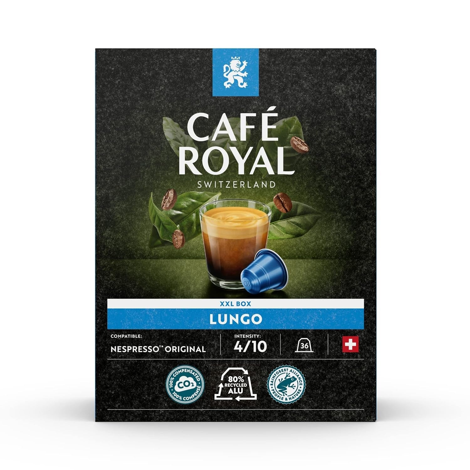 Café Royal Dark Chocolate Flavored 100 Kapseln für Nespresso Kaffee Maschine - 4/10 Intensität - UTZ-zertifiziert, aus Aluminium & Lungo 36 Kapseln für Nespresso Kaffee Maschine - 4/10 Intensität