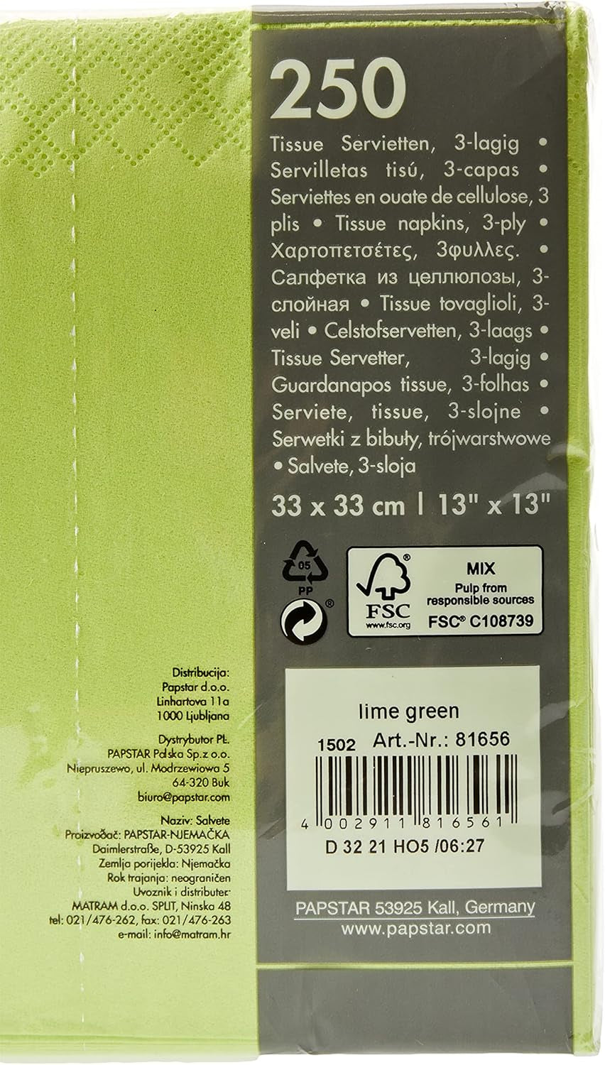250 servetter, 3-lagers 1/4-vikt 33 cm X 33 cm äppelgrön (förpackning med 2)