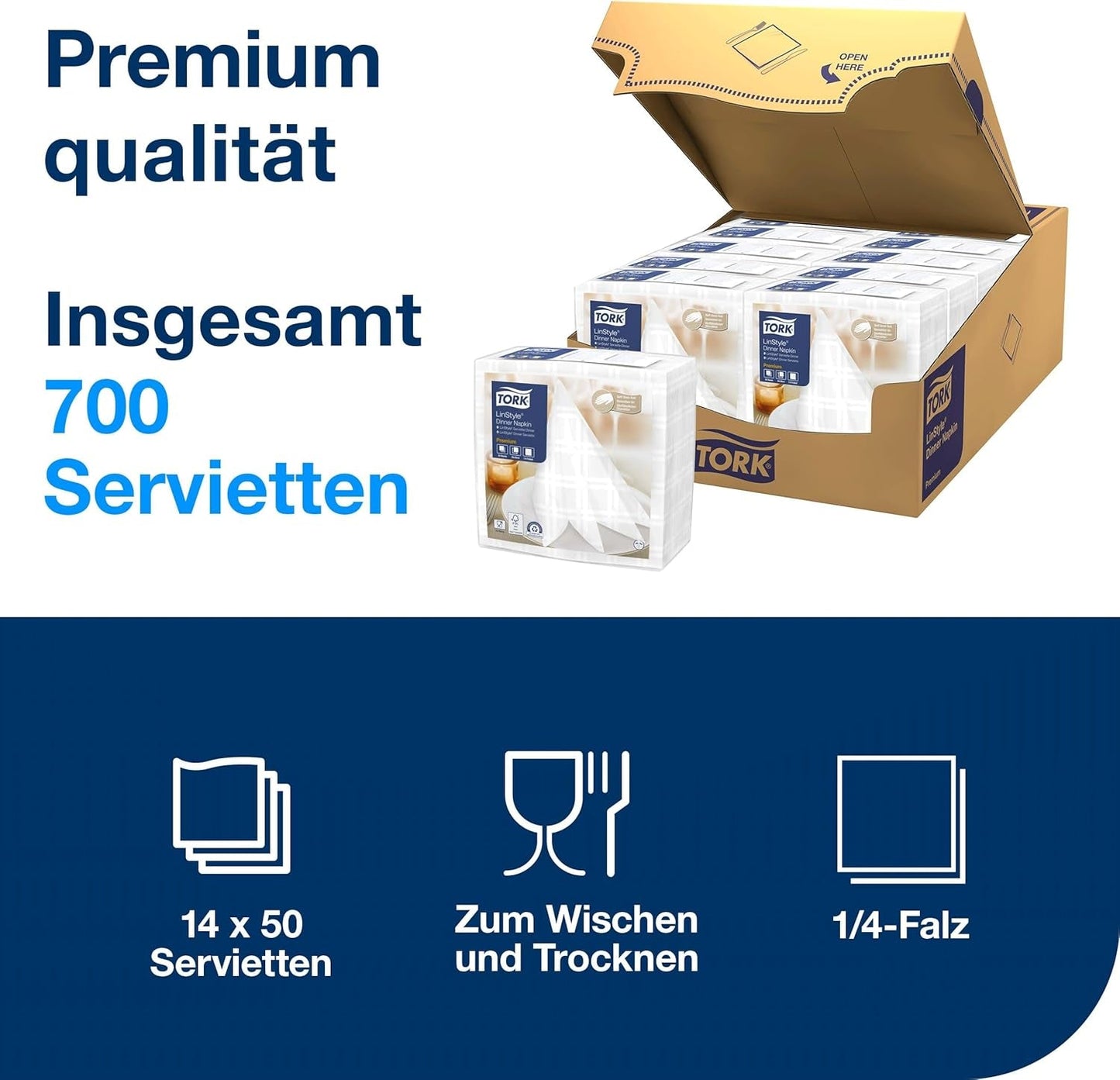 Tork Linstyle Vita Bordsservetter, 1/4 vik, 19,5 × 19,5 cm, 14 N50 Servetter, 509410