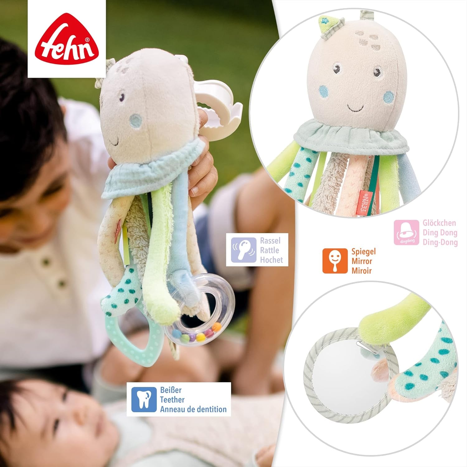 Fehn Octopus Activity Toy - Baby Motor Skills Leksak för barnvagnar och ljusa starter, Oball, Rattle Toy med gripbollar för promenader, Interactive Baby Toy Bebe Toys Naty Shop
