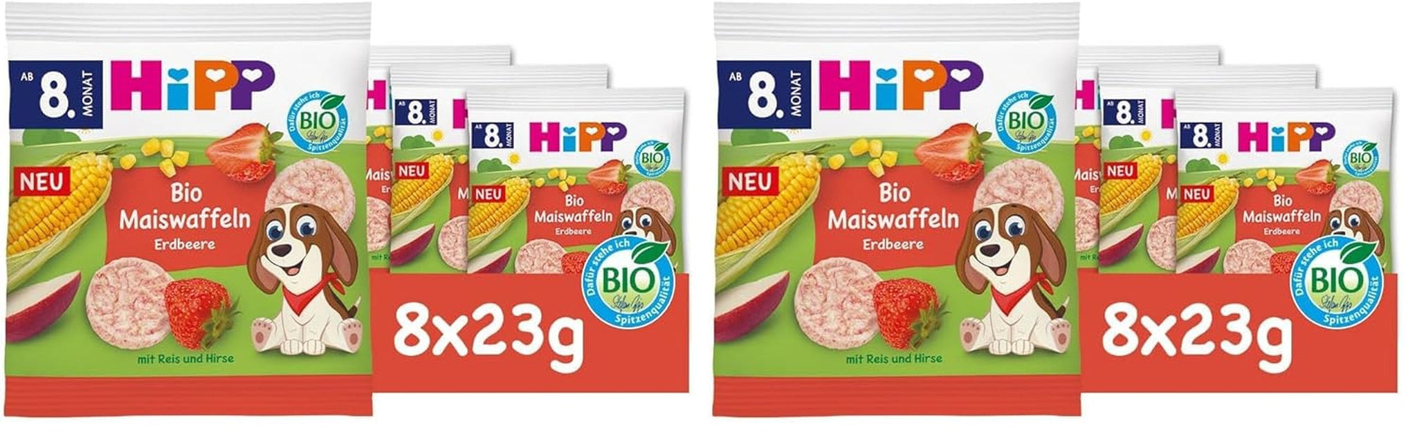 HiPP ekologiska majsvåfflor med jordgubbar (8 x 23 g), mellanmål för bebisar från 8 månader, sötad endast med frukt och grönsaker, glutenfri, bästa ekologiska kvalitet (2-pack)