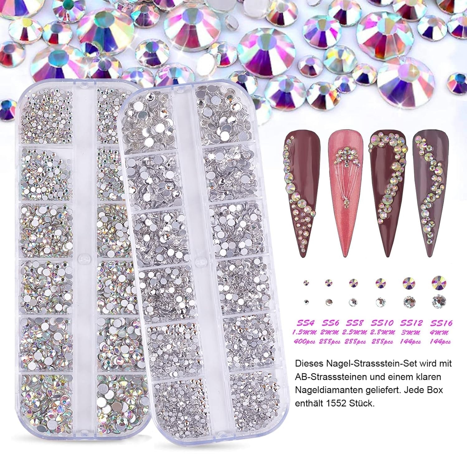 3200 Nail Stones Set FITDON Multi-Shaped Glass AB Stones and Clear Diamond Glitter AB Stones for Nail Art Dekoration DIY Kits Smycken Nyckelringar Nageltillbehör