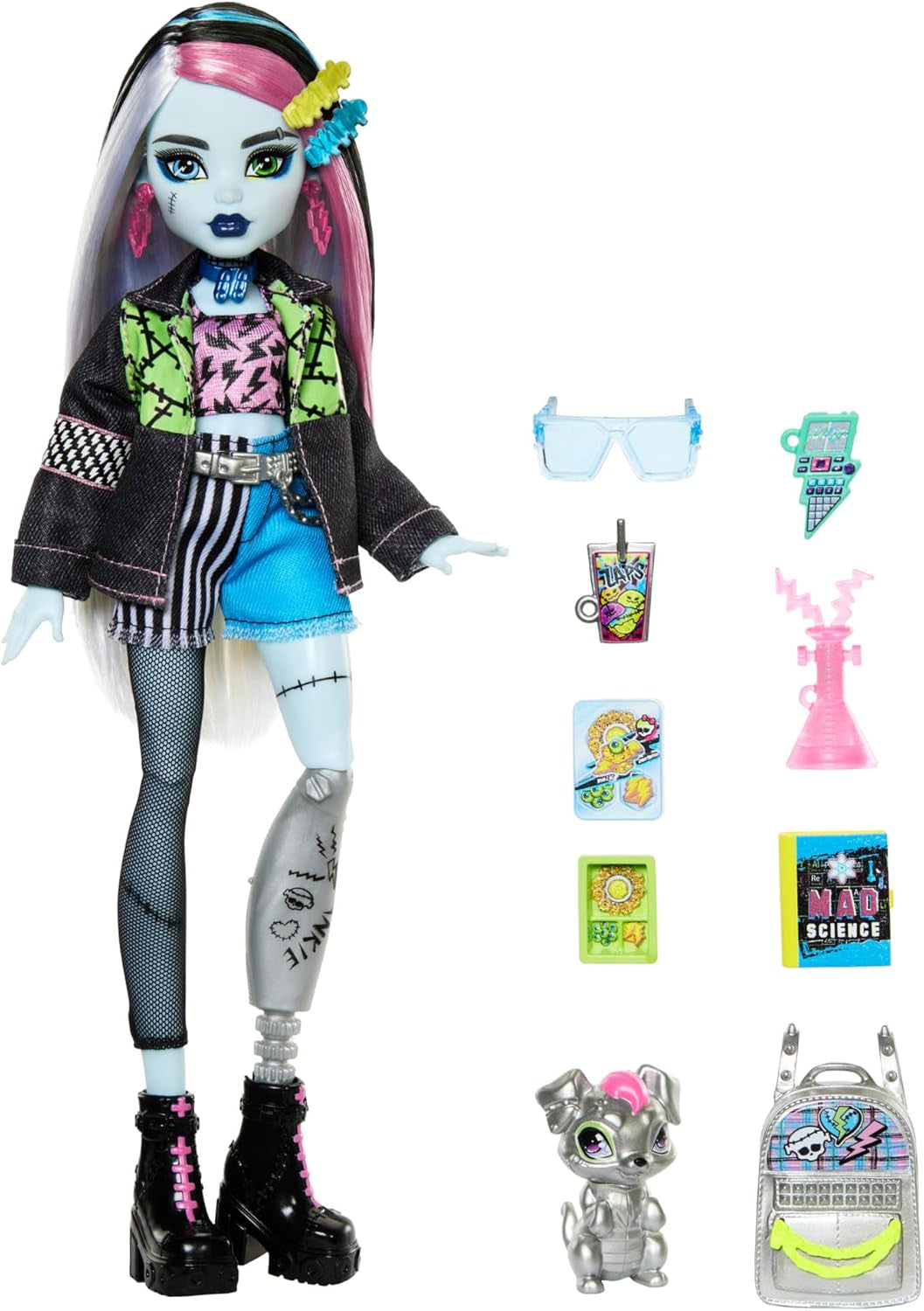 Monster High Frankie Stein docka i jeansjacka och shorts, inkluderar även hennes valp Watzie och tillbehör som en ryggsäck, mellanmål och anteckningsbok, HXH73