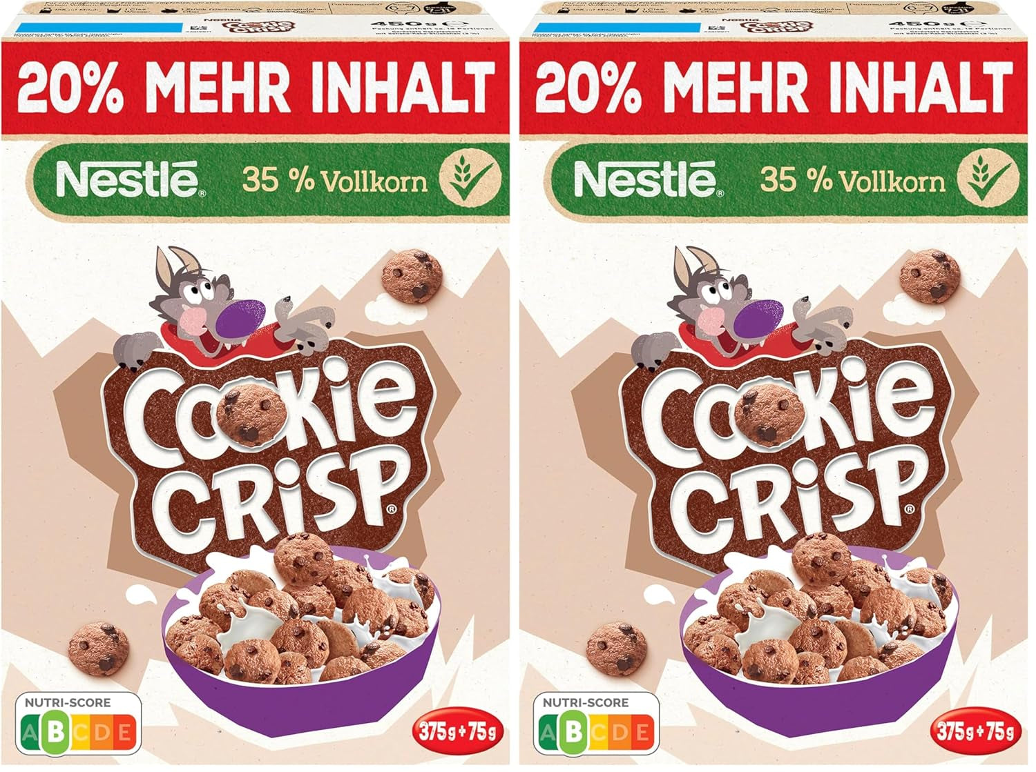 Nestlé Cookie Crisp (+20%), fullkornsfrukostkexflingor för barn, förpackning om 1 (1x450g)