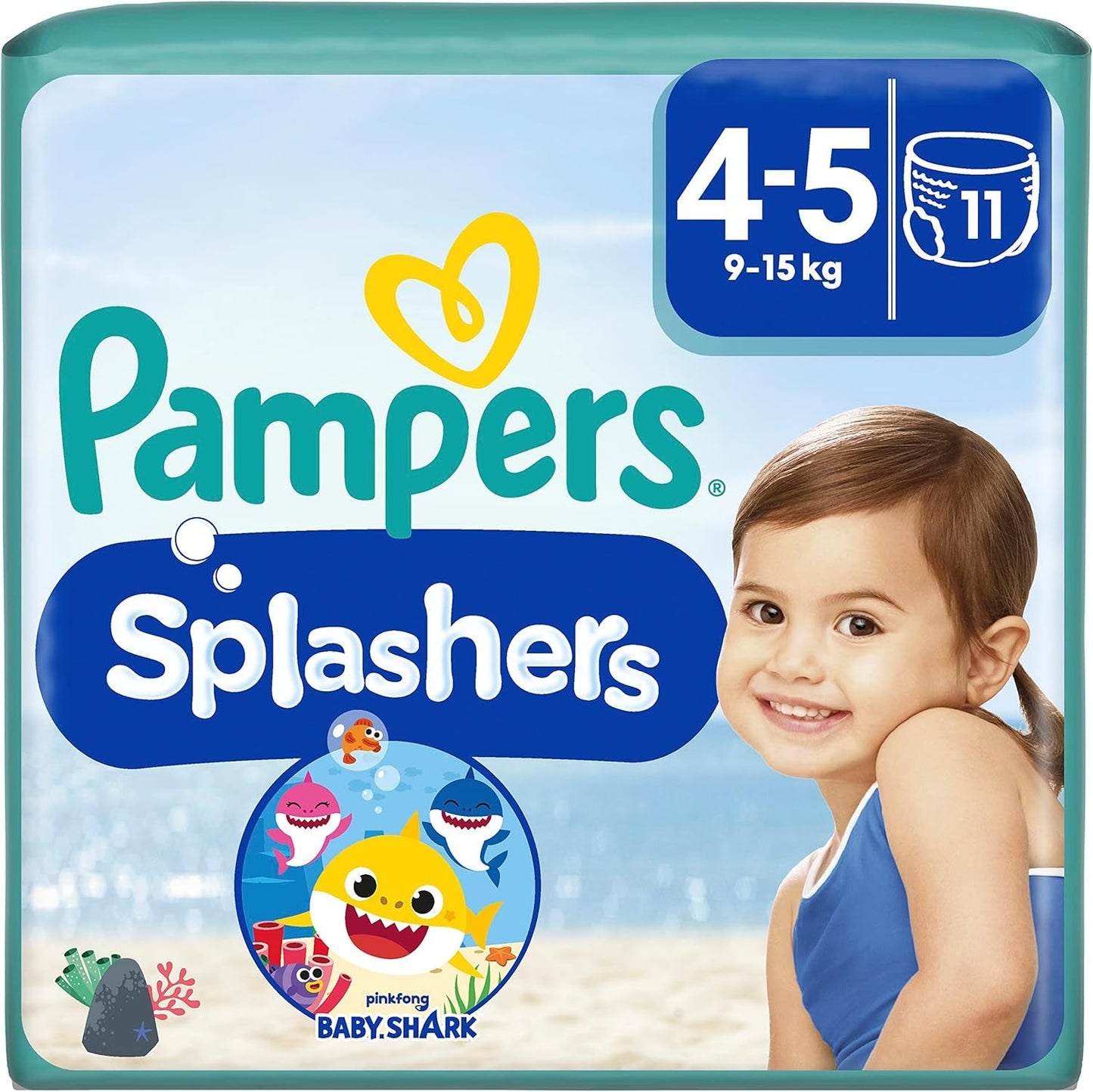 Pampers Splashers Baby Shark Limited Edition engångsbadblöjor 4-5, 11, 9 kg-15 kg, för säkert skydd i vattnet
