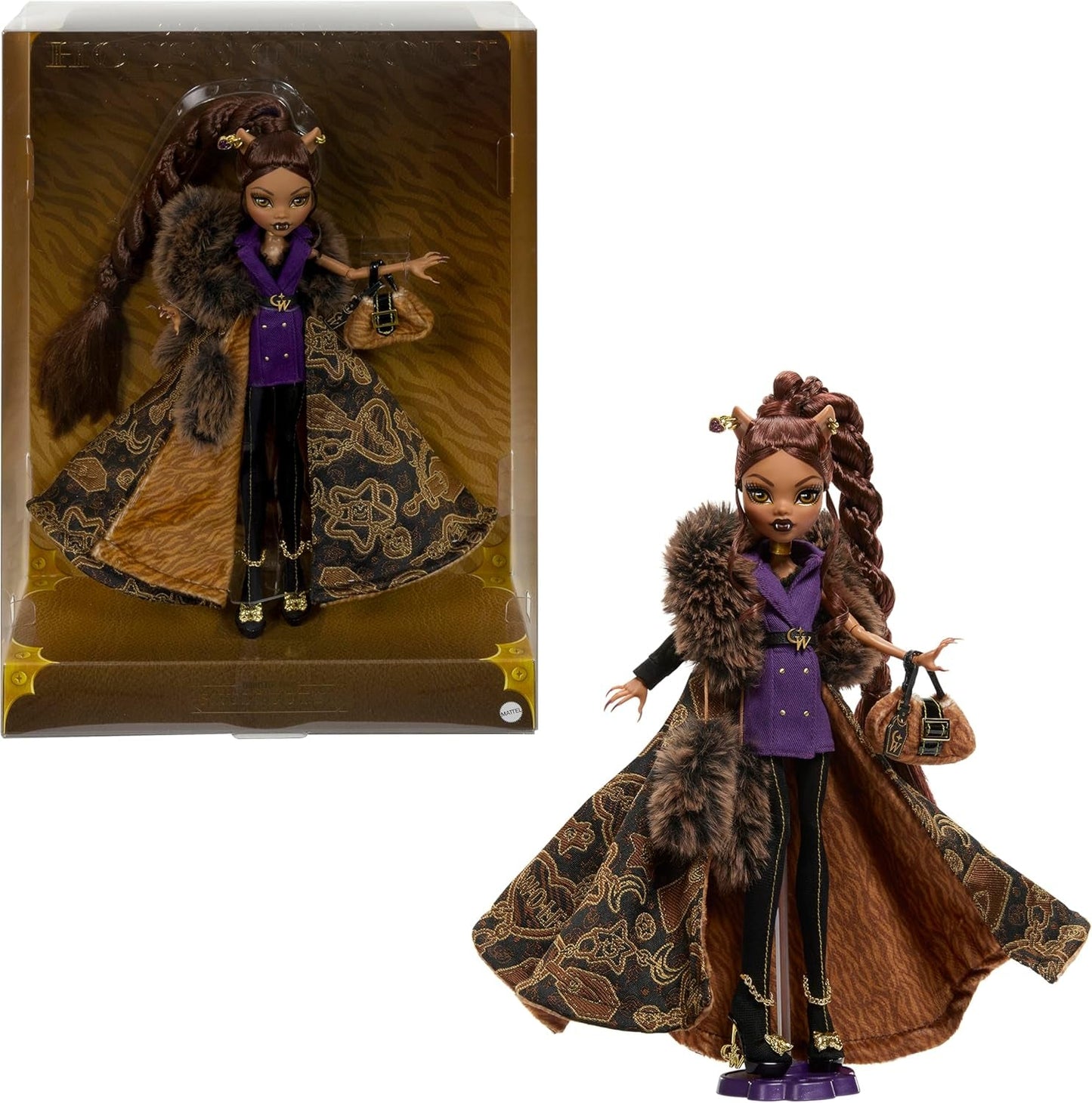 Monster High Doll House of Wolves Clawdeen Wolf Samlarfigur med fuskpäls jacquardrock Lila jacka Klänning Guld Byxor och tillbehör JDR66
