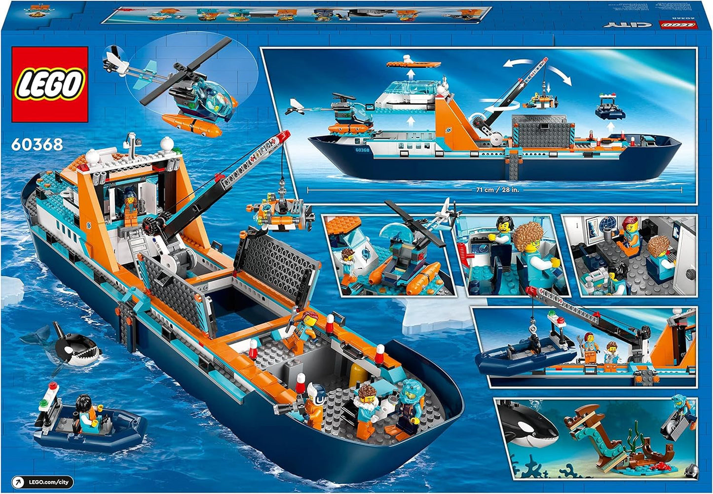 LEGO City Arctic Research Ship, stor flytande leksaksbåt med helikopter, uppblåsbar båt, Rov-ubåt, vikingavrak, 7 minifigurer och späckhuggarfigur, present till barn från 7 år och uppåt 60368 Byggset Besuche den LEGO-Store