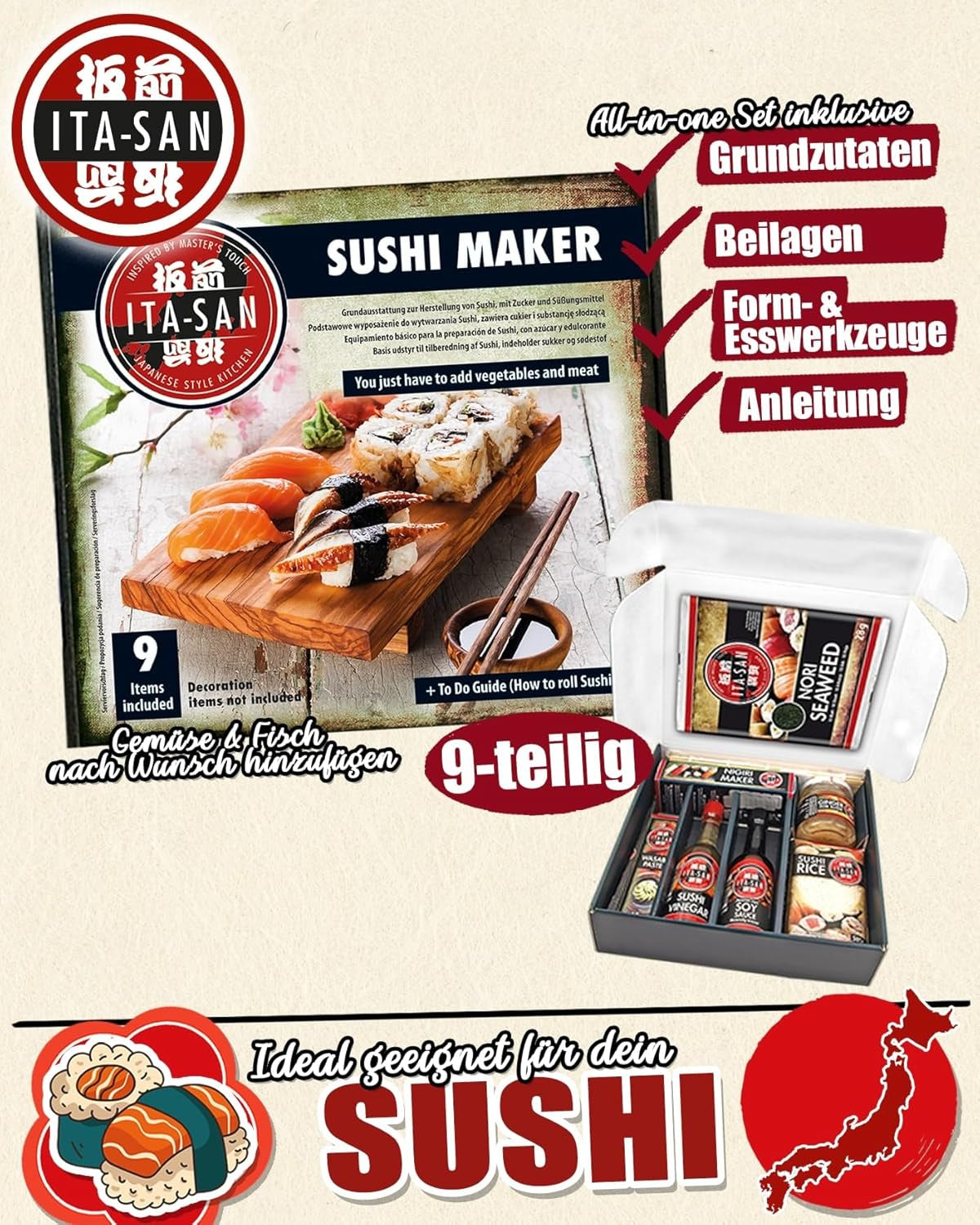 ITA-SAN Sushi Set (9-delar komplett set, perfekt för nybörjare, för prov eller present) 1 förpackning