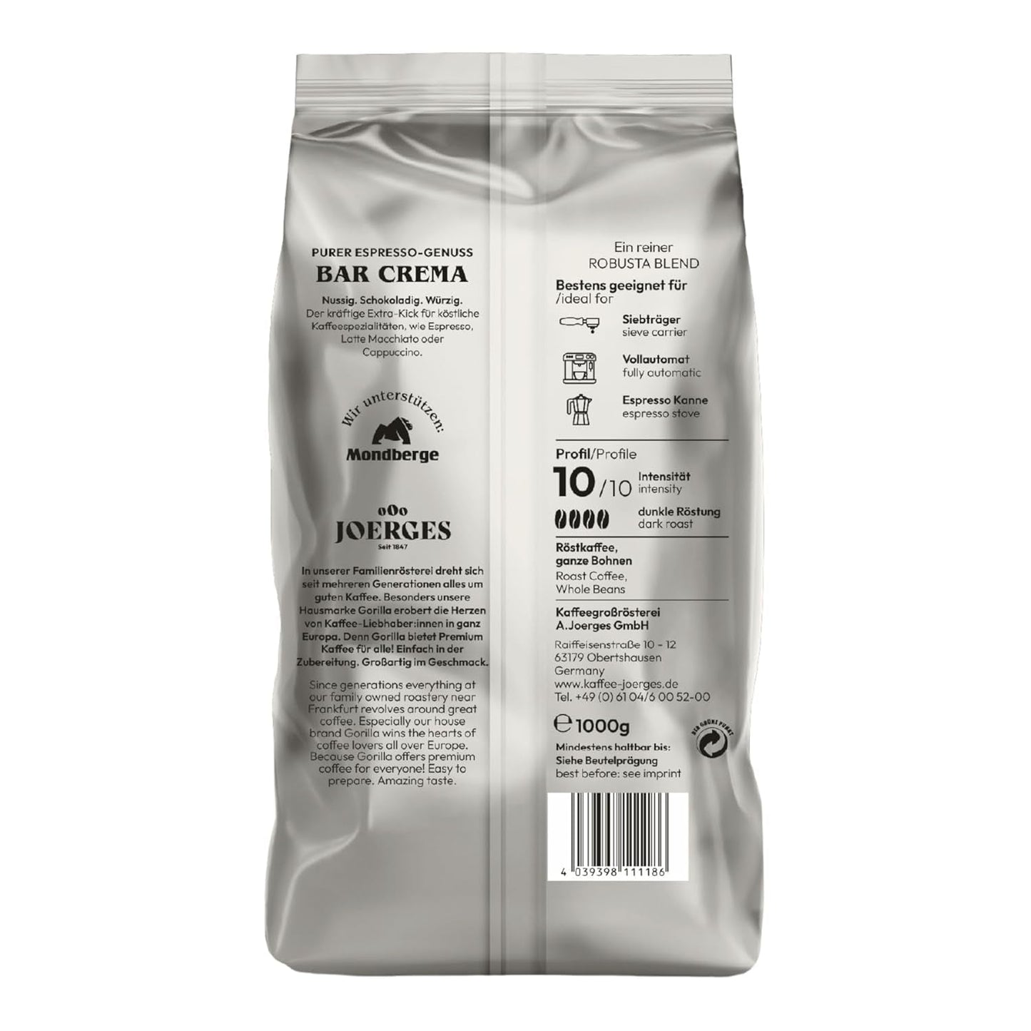 Gorilla Espresso Bar Crema kaffebönor - 12 förpackningar à 1000g vardera