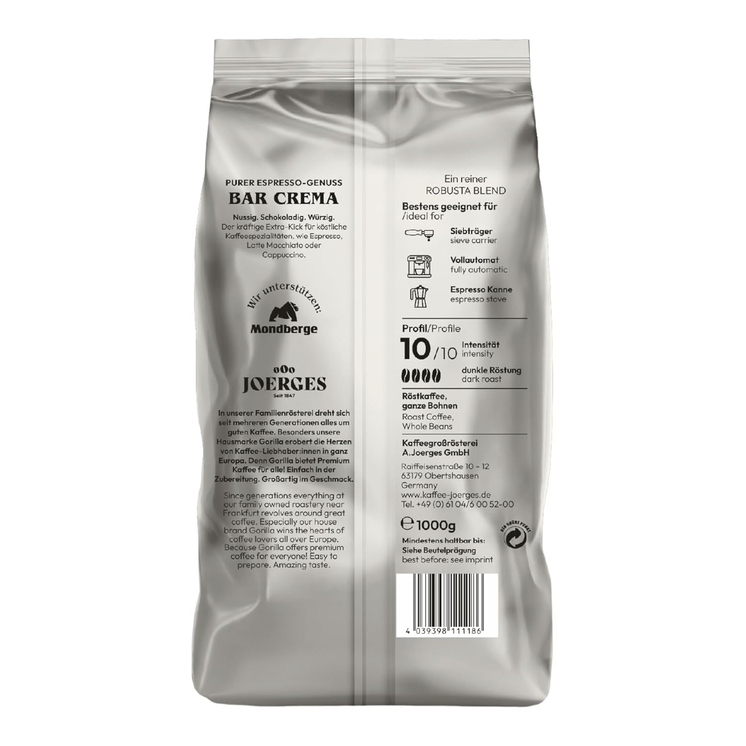Gorilla Espresso Bar Crema kaffebönor - 12 förpackningar à 1000g vardera