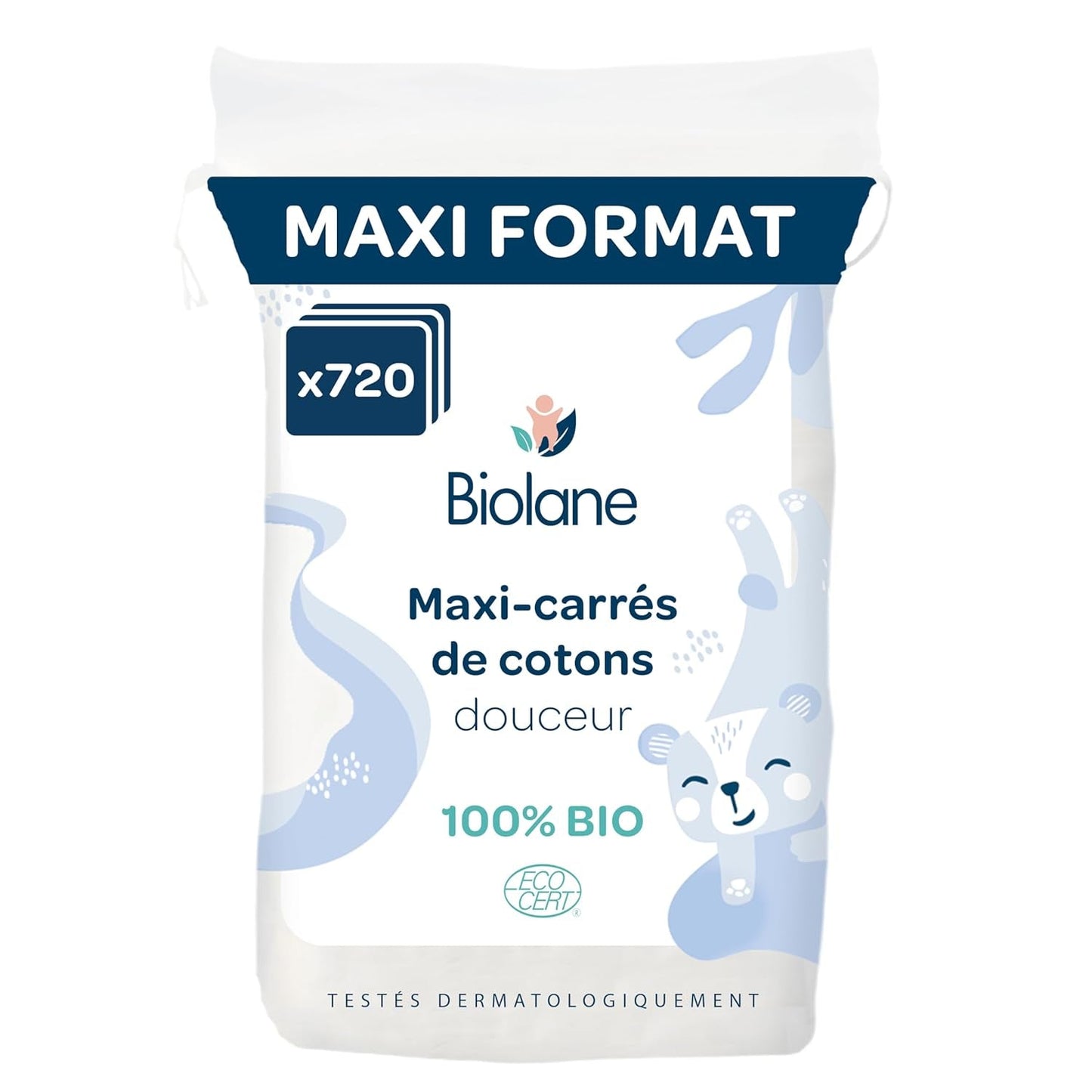 BIOLANE 12 Maxi Squares Wet Pads - Bebisar - 100% Ekologisk - 720 Bomull - för känslig hud - Ombyte och toalettartiklar - från födseln - tillverkad i Frankrike