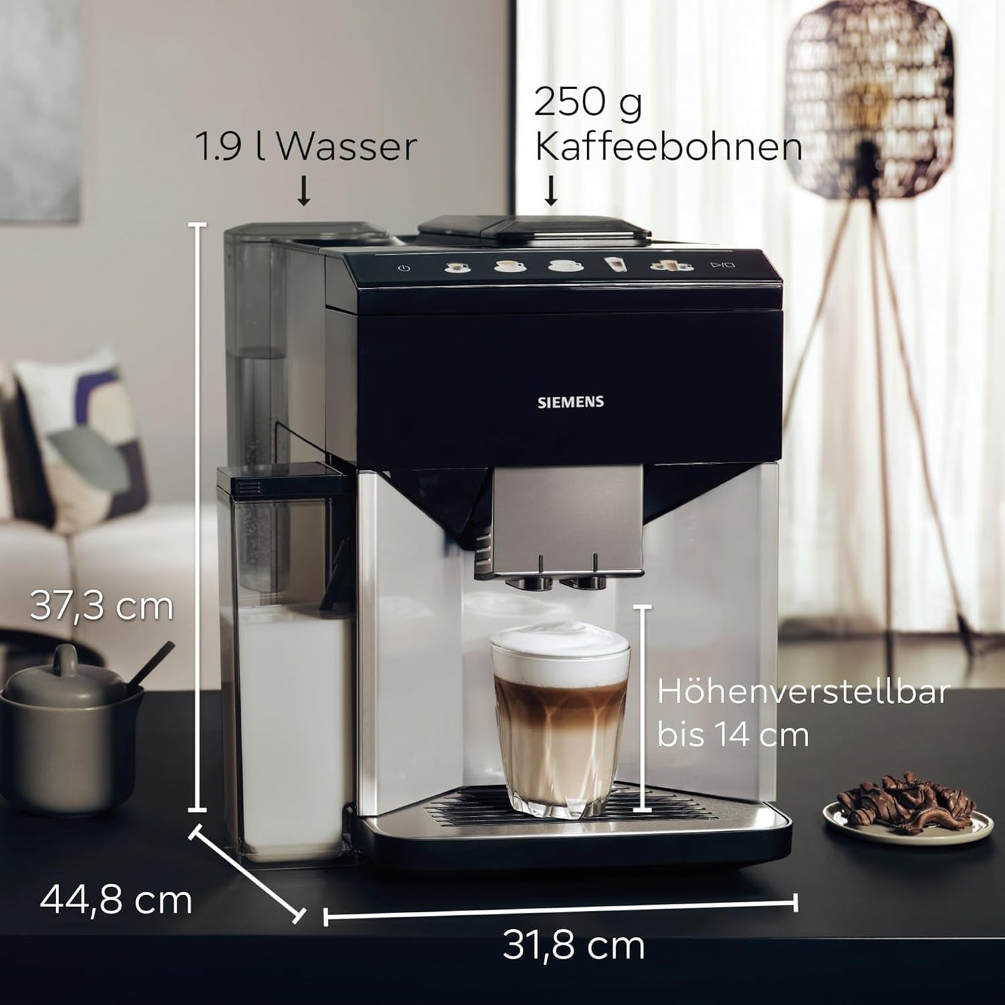 Siemens EQ500 helautomatisk espressomaskin TQ513D01, många kaffespecialiteter, mjölkskummare, integrerad mjölkbehållare, automatisk ångrengöring, 1500 W, naturligt ljus silver/piano svart