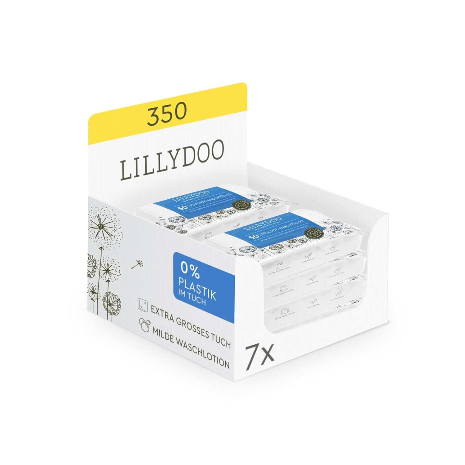 LILLYDOO Feuchte Waschtücher 350 Stück (7 X 50), 100 % Plastikfrei, Extra Großes Tuch, Ohne Parfüme Naty Shop