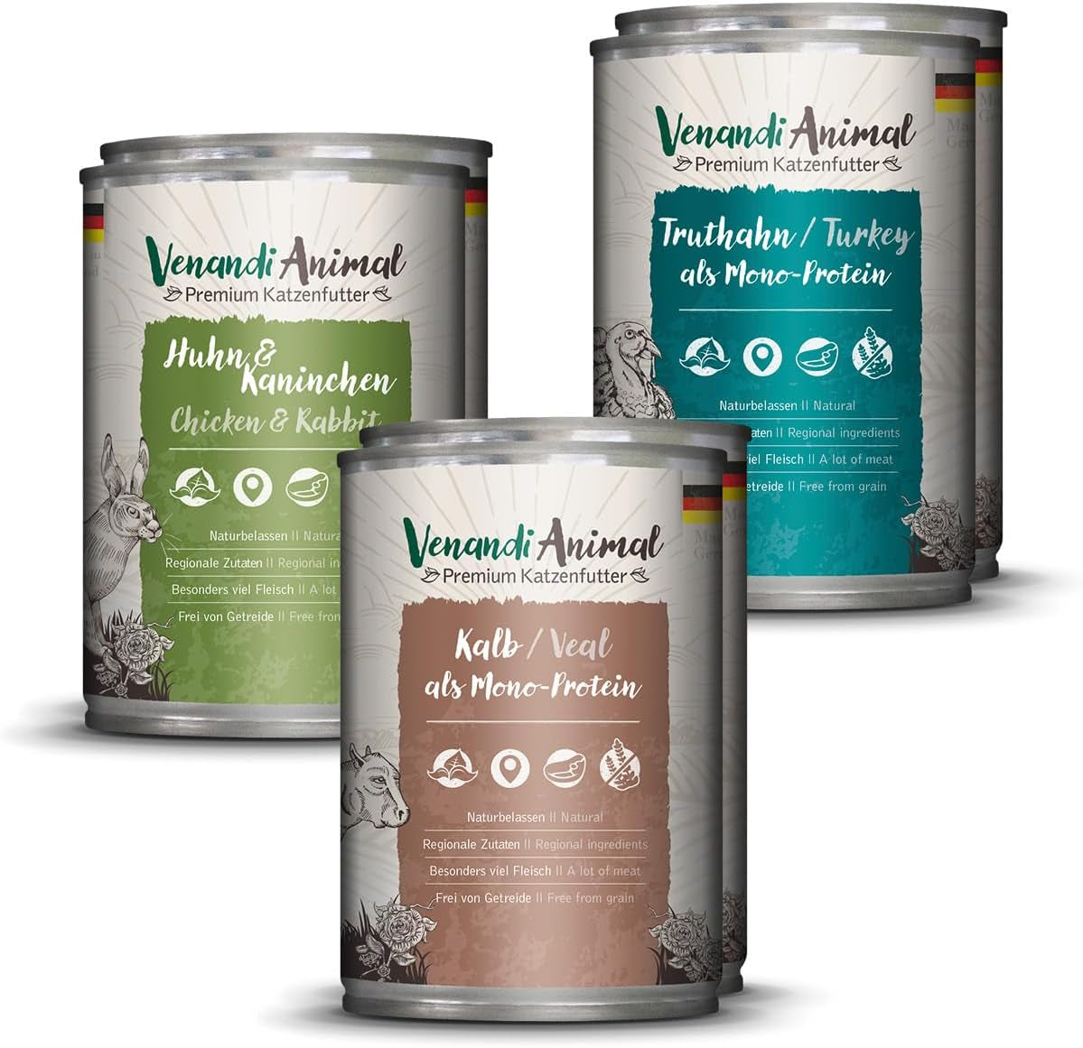 Venandi Animal Premium Nassfutter für Katzen, Probierpaket II, Kyckling + Kanin, Kalb, Turkiet, 6 x 400 g, getreidefrei und naturbelassen, 2,4 kg