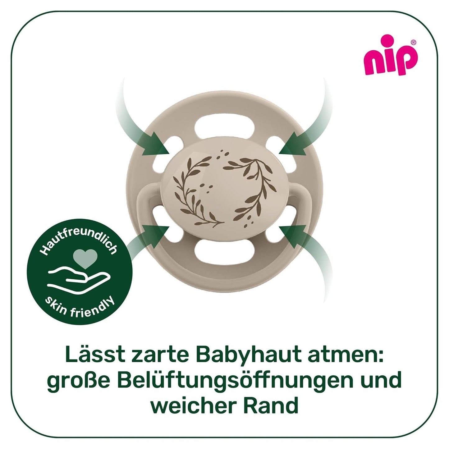 nip - Cherry Green | 0-6 månader | Paket om 4 | Babynapp, lämplig för amning och tänder. Hållbar napp, tillverkad av naturliga råvaror, ljusgrön/brun