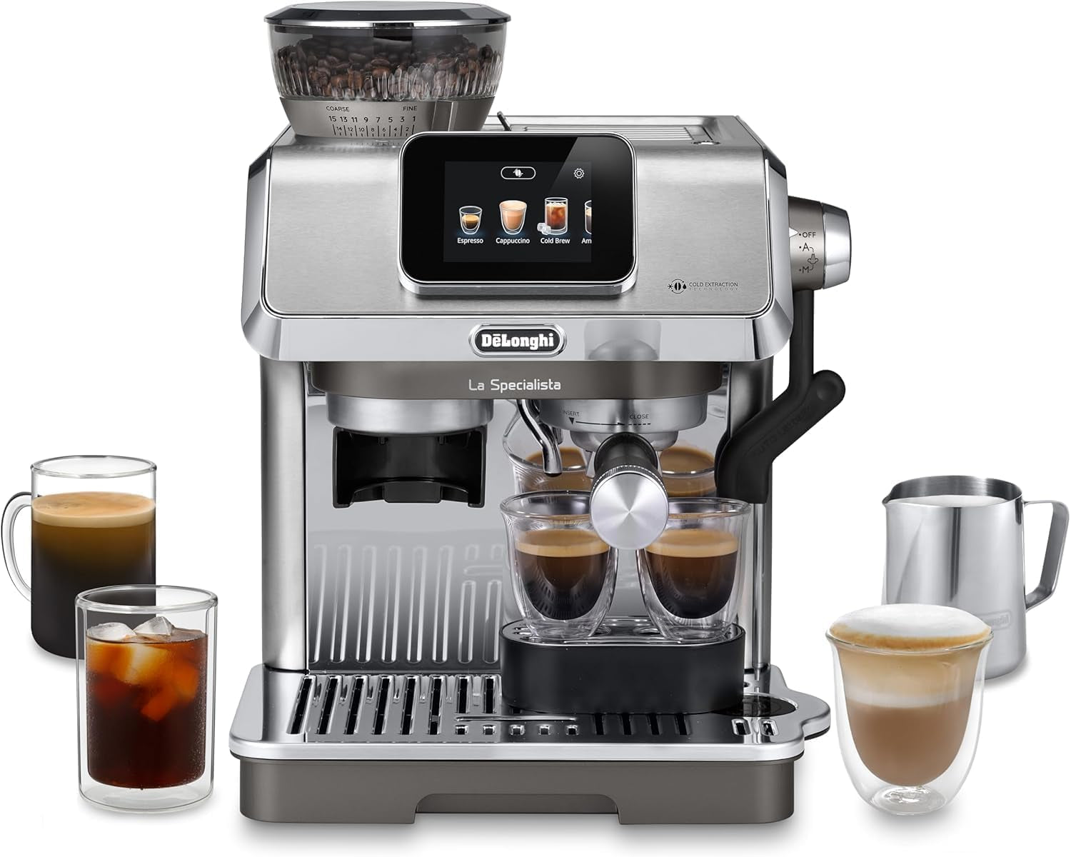 De'Longhi La Specialista Arte EC9155.MB portafilter espressomaskin med kvarn, 8 malinställningar, 15 bar tryck, 3 temperaturinställningar, mjölkskummare, 1550W, 1,7L tank, rostfritt stål/svart, inklusive barista kit
