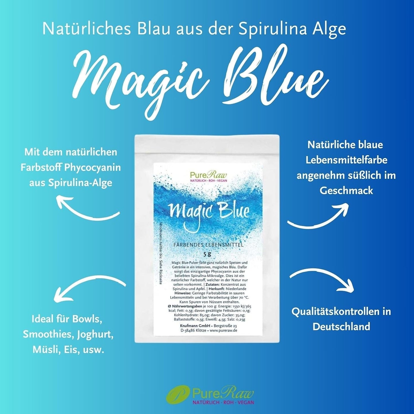 Magic Blue Spirulina Natural Food Color Pulver Blå (Raw Vegan) Mörkblå till Ljus Pastellblå - Phycocyanin Alger Pulver Matfärg - Naturlig matfärg | Pureraw 5G