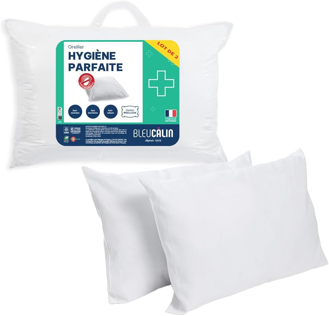 Bleu Câlin Set med 2 rektangulära kuddar anti-kvalster, anti-bakteriell, fluffig komfort, T 60X60 Cm, 100% bomull, perfekt hygiensortiment Naty Shop standardkuddar Rektangulär form 45 X 70 Cm