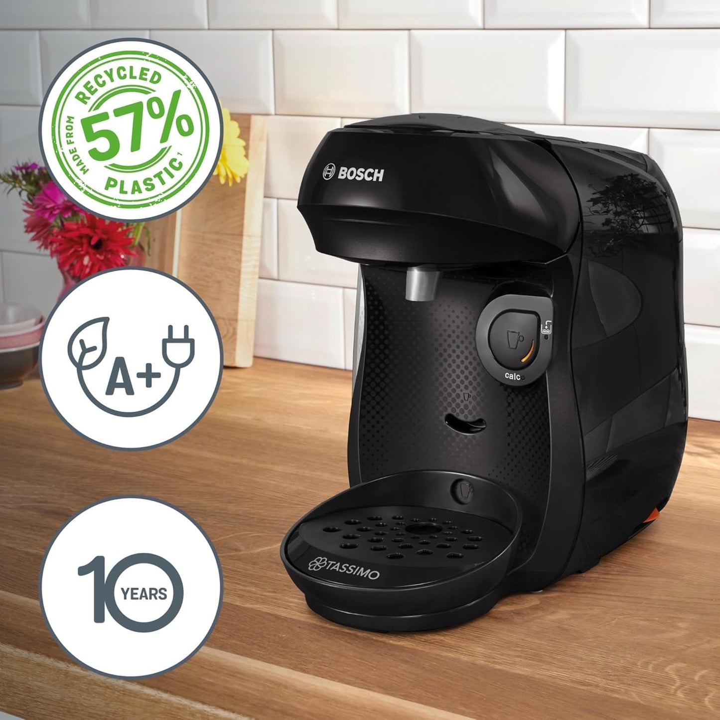 Bosch Tassimo Happy Friendly TAS102E Kapselespressomaskin, 70+ drycker, Lämplig för alla koppar, Auto-Stop, Hållbar, Perfekt Dosering, Utrymmesbesparande, 1400W, Svart