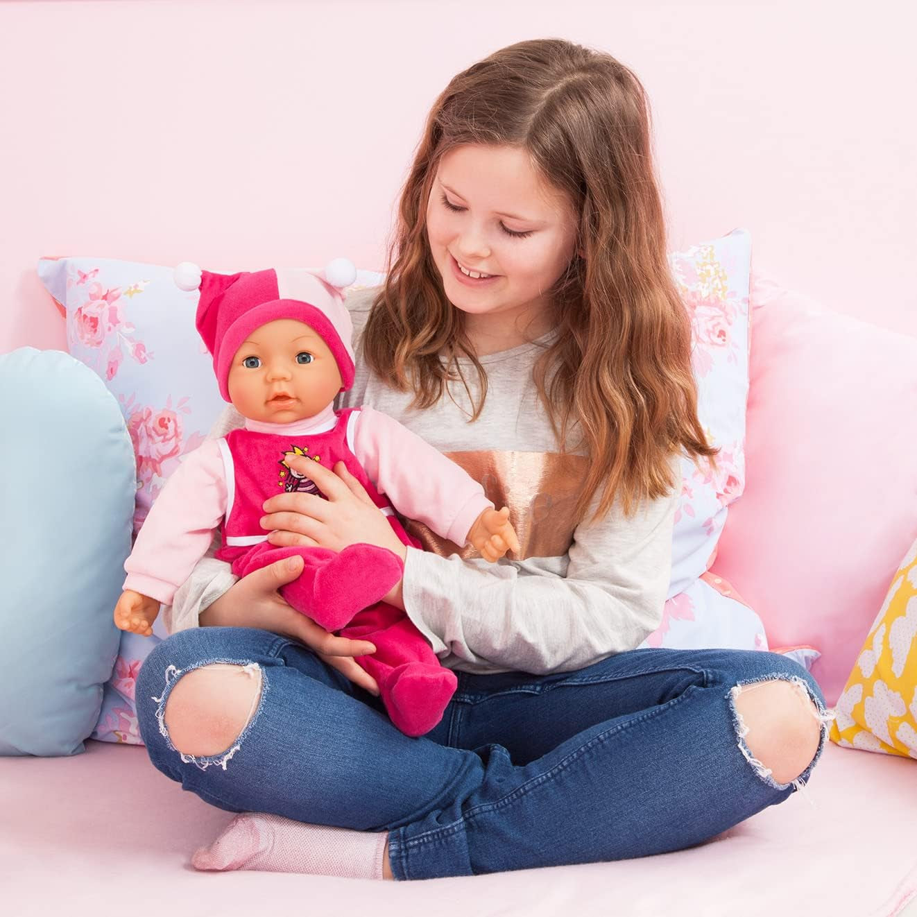 Funktionspuppe Hello Baby mit Geräuschen, bewegt den Mund, interaktiv Puppe, Babypuppe, med Zubehör, 46cm, rosa