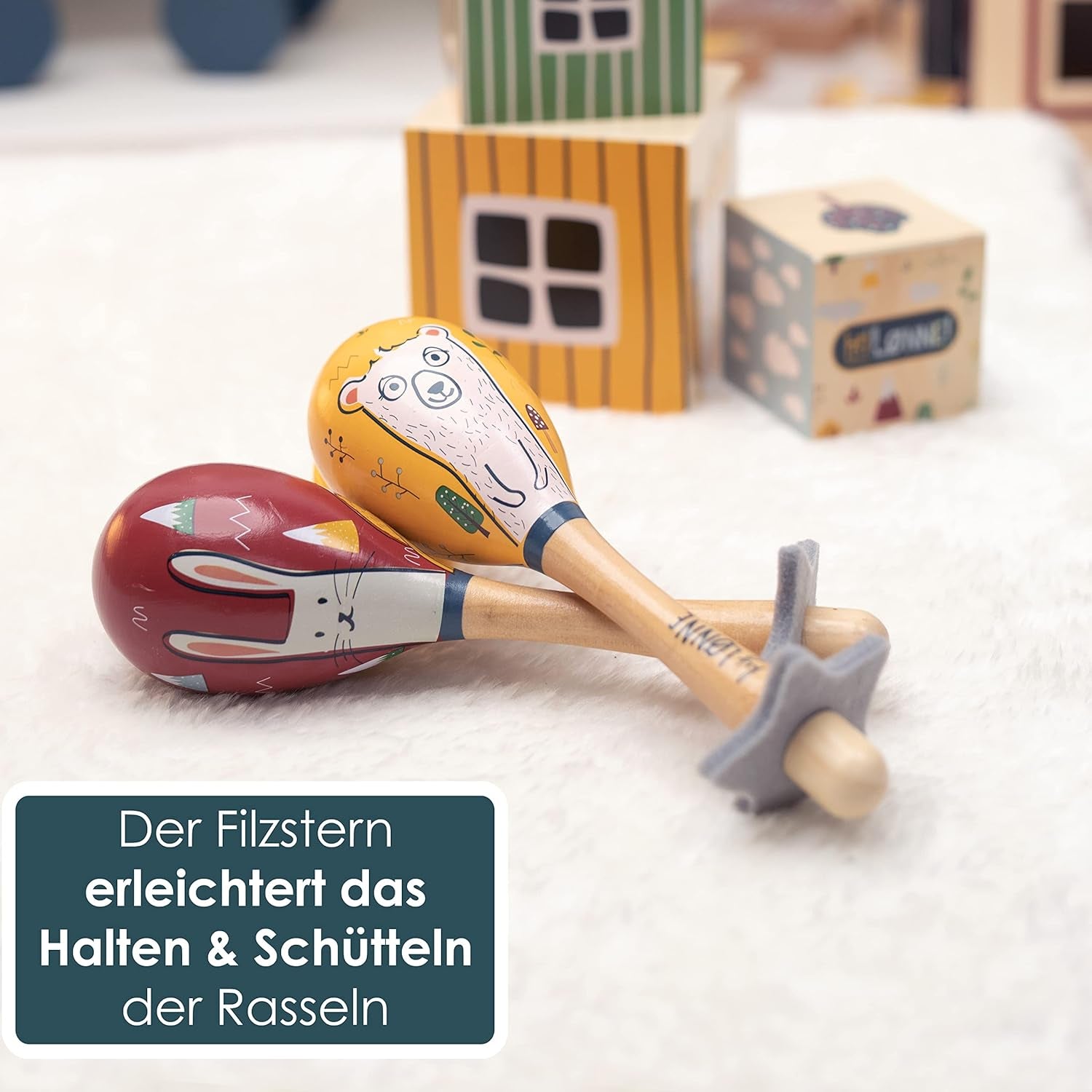 HEJ LØNNE set med 2 träklockor - Maracas för barn - musikinstrument i trä för att främja motorik, koordination och socialt beteende - träklocka för barn - leksak för barn Leksaker Bebe Naty Shop