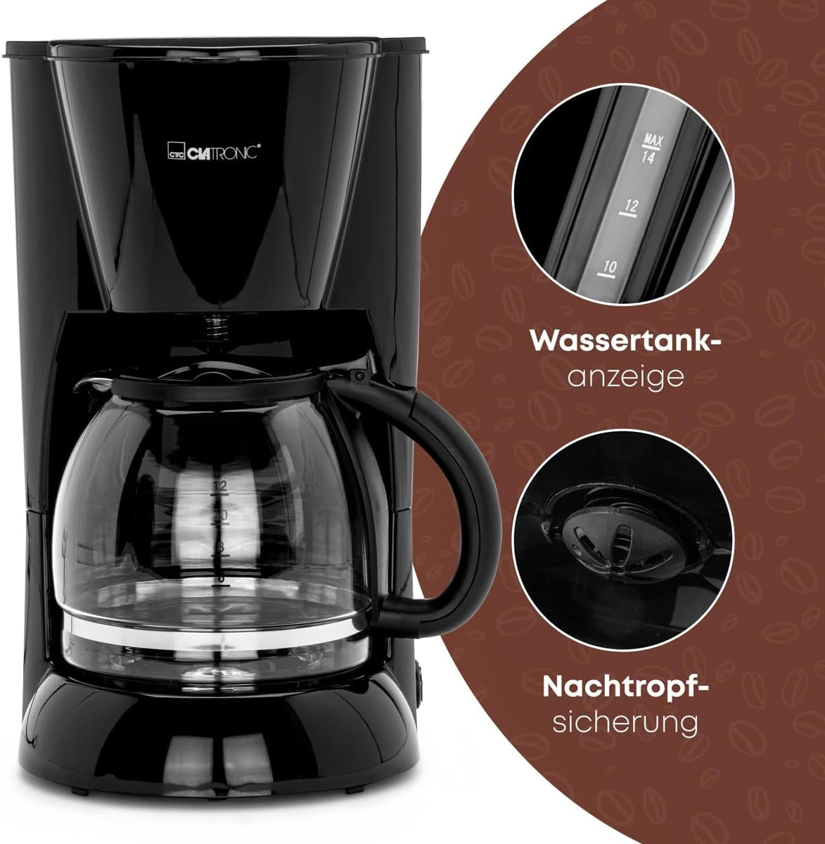 Clatronic® espressomaskin | Automatisk espressomaskin för 12-14 koppar (ca 1,5 liter) | Espressomaskin med filter och anti-droppsystem | 900W | Espressor KA 3473 Svart