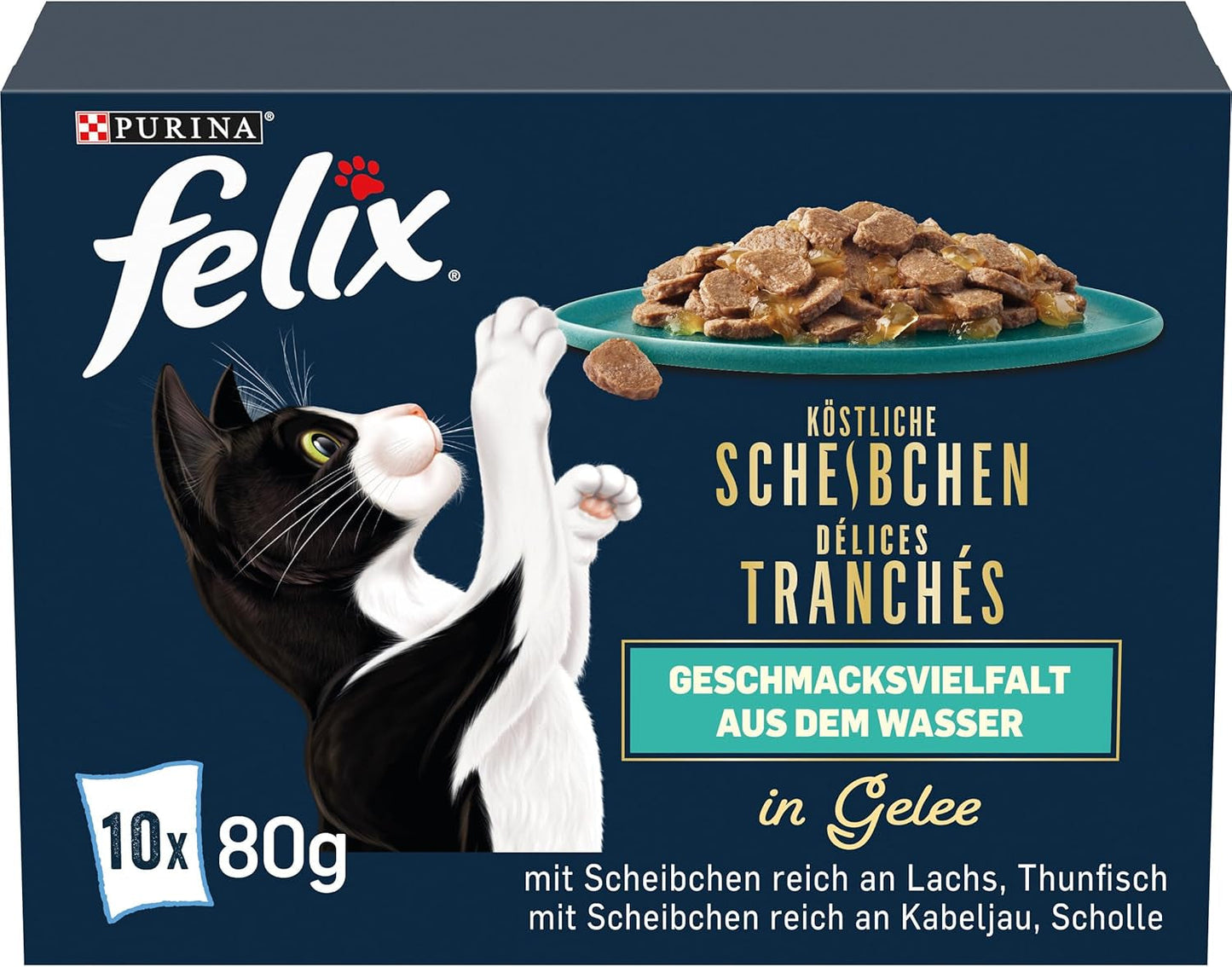 Felix Delicious våtskivad kattmat i gelé, olika smaker från vatten, förpackning om 6 (6 x 10 påsar à 80g vardera)