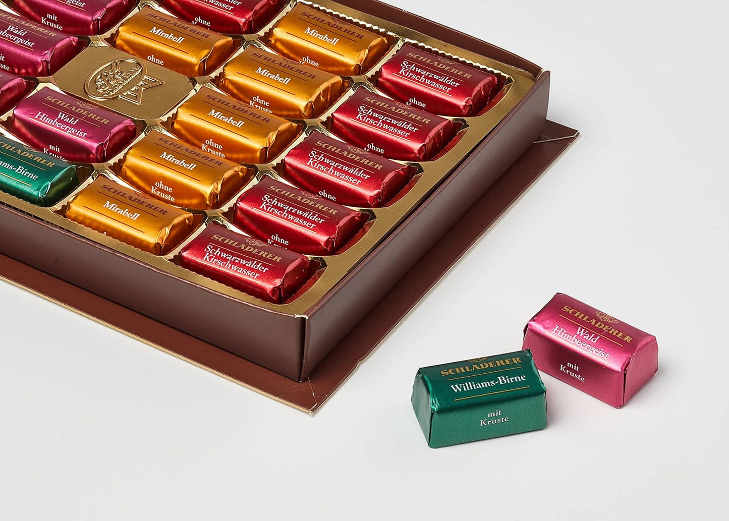 RCP Schladerer Pralines, fint sortiment, mjölk och mörk choklad, med och utan sockerskorpa, flytande fyllning, innehåller alkohol, bra present, 255g