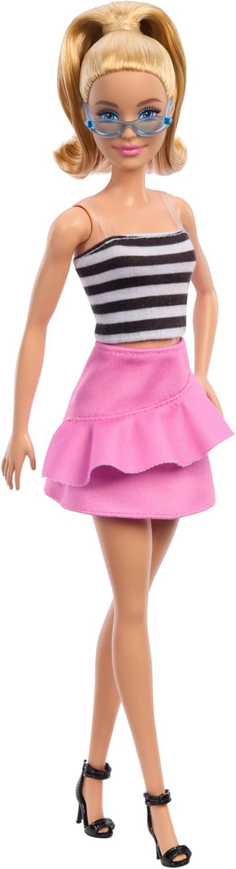 Barbie Fashionistas docka nr. 213 Blond i randig topp Rosa kjol och solglasögon 65-årsdagen Samlarobjekt Modedocka HRH11 Naty Shop Dolls Standardtitel
