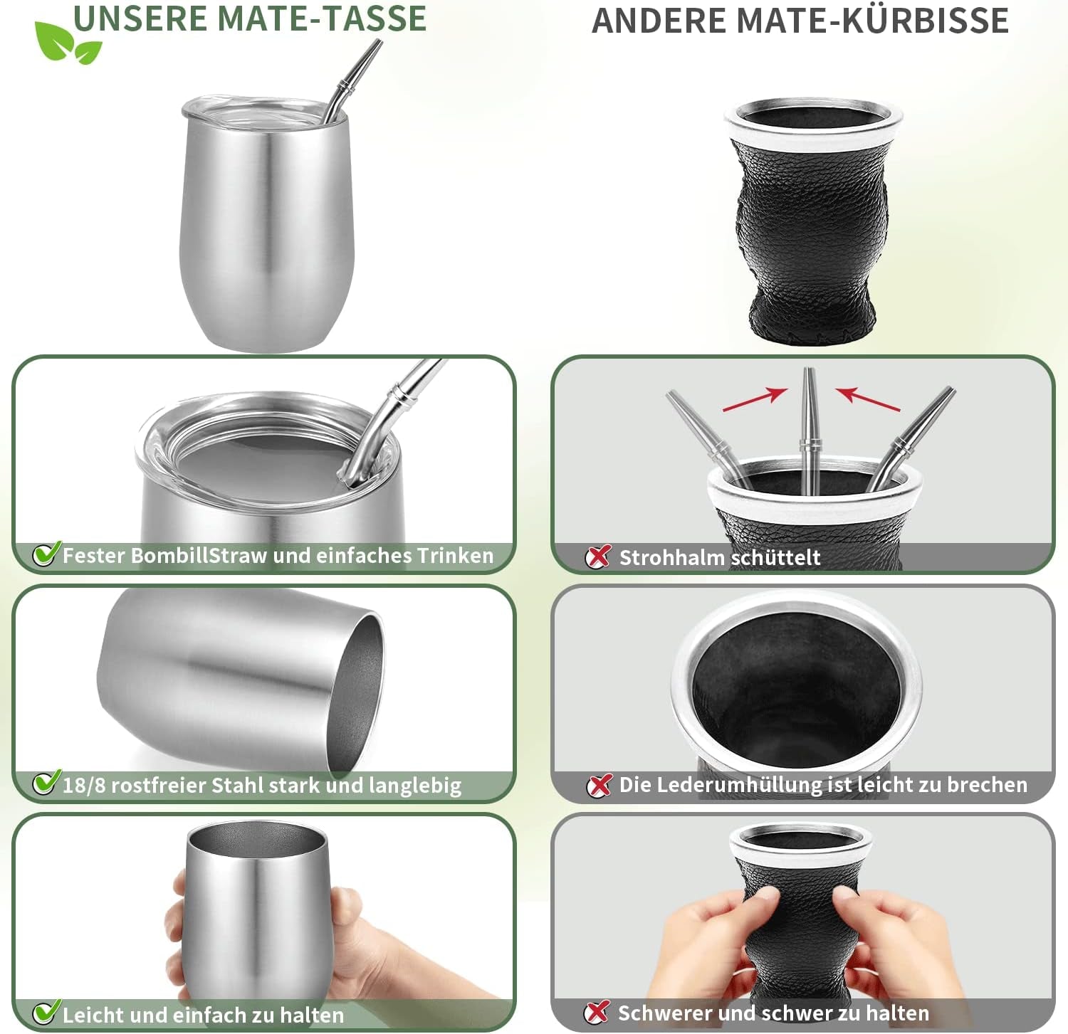 Modern Mate-mugg 340 ml, isolerad dubbelvägg i rostfritt stål Yerba Mate-muggset, Mate-temugg med BPA-fritt lock, Bombillas och en rengöringsborste (silver)