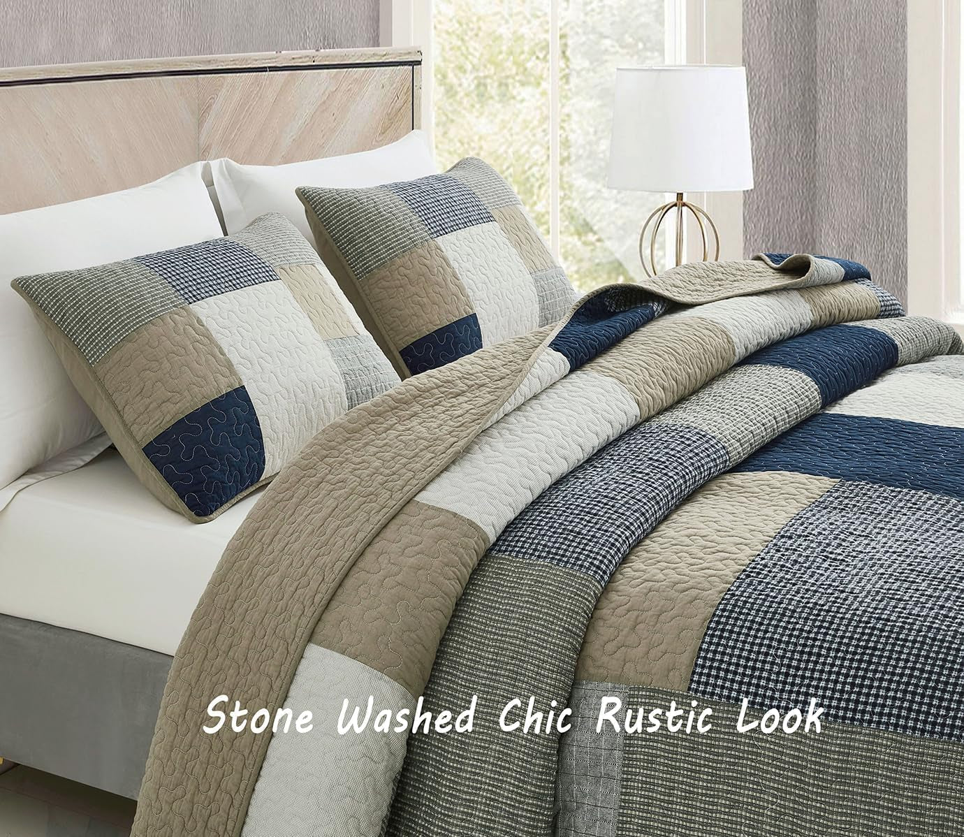 Chezmoi Collection Addy Patchwork Quilt Set Förtvättad bomull Lätt Vändbar All Seasons Oversized 3 delar Marinblå Vit Grå Taupe Pläd Quilts & Quilts Naty Shop