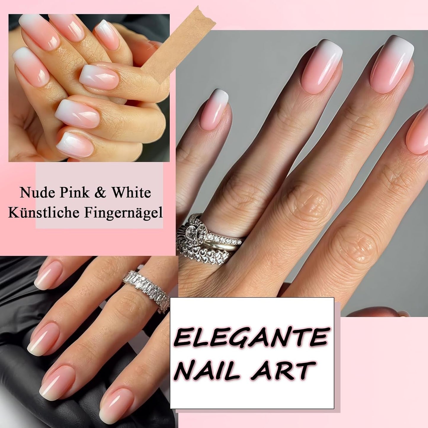 360 delar False Nails Kit - Kort Naken Rosa Vit Gradient False Nails - Fyrkantigt lim på False Nails - Heltäckande glansiga självhäftande naglar för kvinnor och flickor (fyrkantiga)
