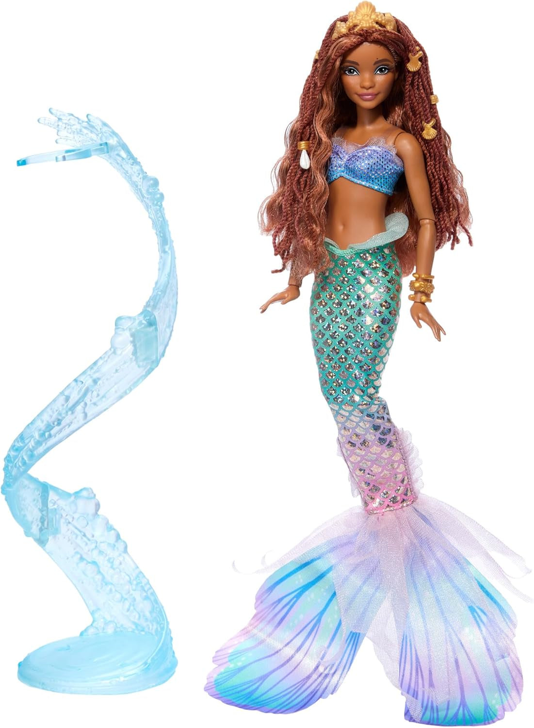Mattel Disney Ariel The Little Mermaid - Deluxe sjöjungfrudocka med hårpärlor och dockställ för fantasifull lek och visning, för barn från 3 år och uppåt, HNF42