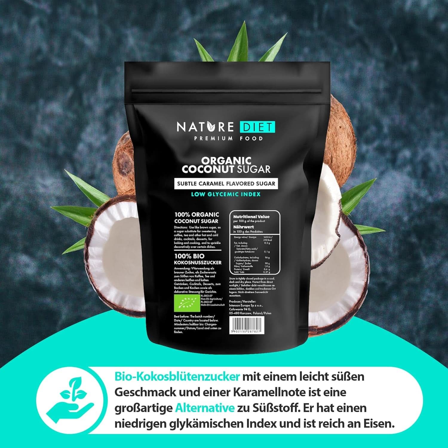 Ekologiskt kokossocker, karamellsmak, 1,5 kg sötningsmedel Naty Shop