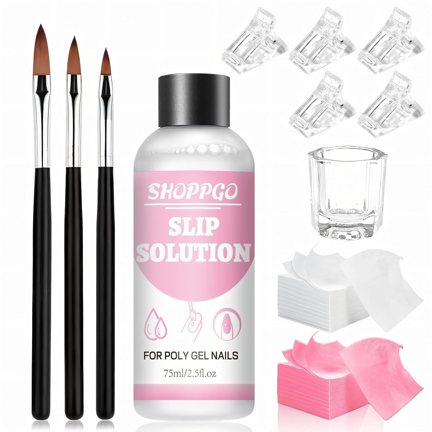 Polygel Straightening Solution, Polygel Slip Solution Nail Kit, Straightening Solution 75 ml, Innehåller 5 Nagelspetsklämmor, 3 Nagelborstar, 1 Crystal Cup, 100 rengöringsark