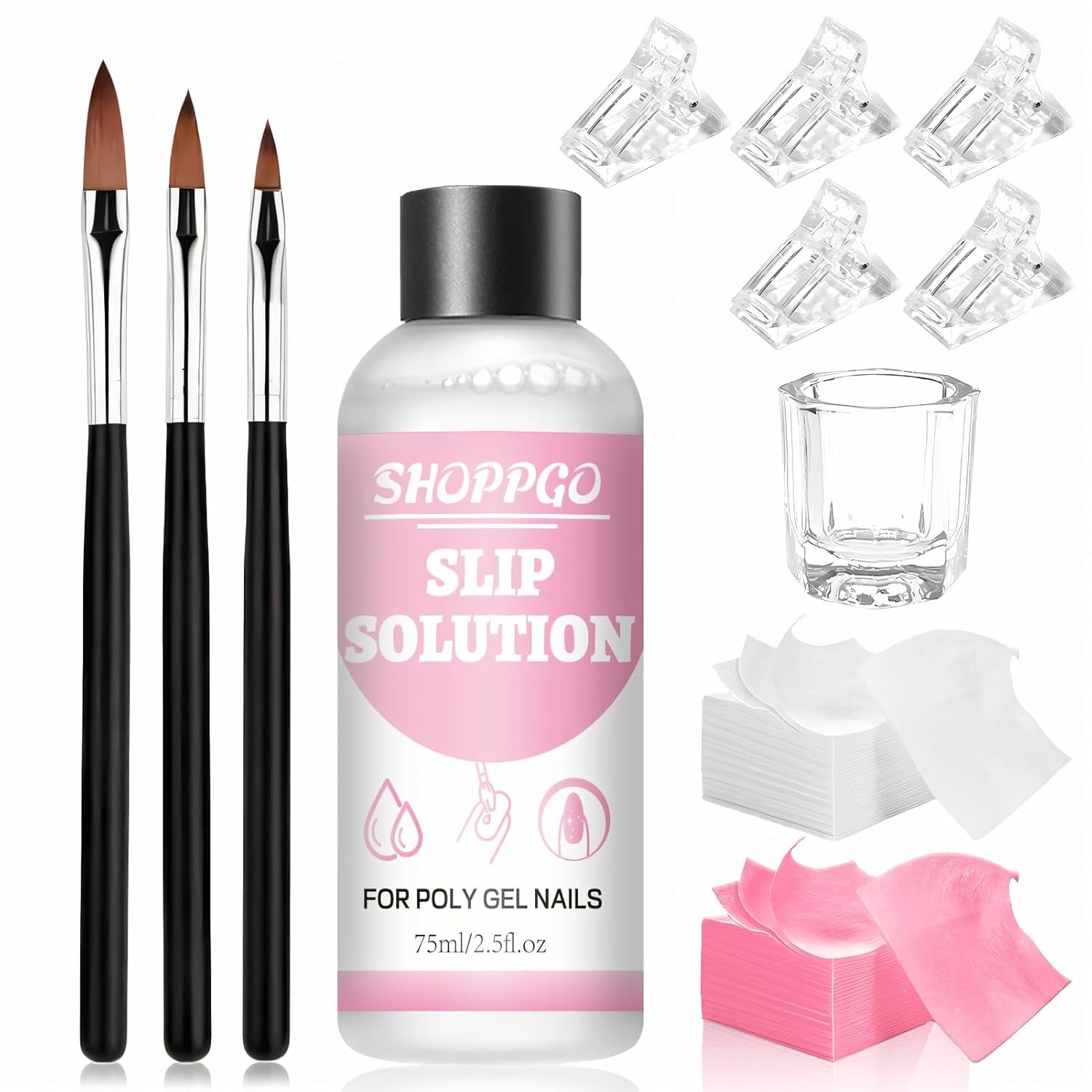 Polygel Straightening Solution, Polygel Slip Solution Nail Kit, Straightening Solution 75 ml, Innehåller 5 Nagelspetsklämmor, 3 Nagelborstar, 1 Crystal Cup, 100 rengöringsark