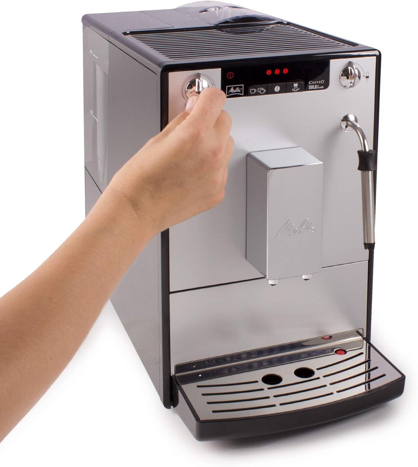 Melitta Solo & Milk - helautomatisk slim kaffemaskin med mjölkskummare, kaffemaskin med avtagbar vattentank, t.ex. kaffe eller cappuccino, silver