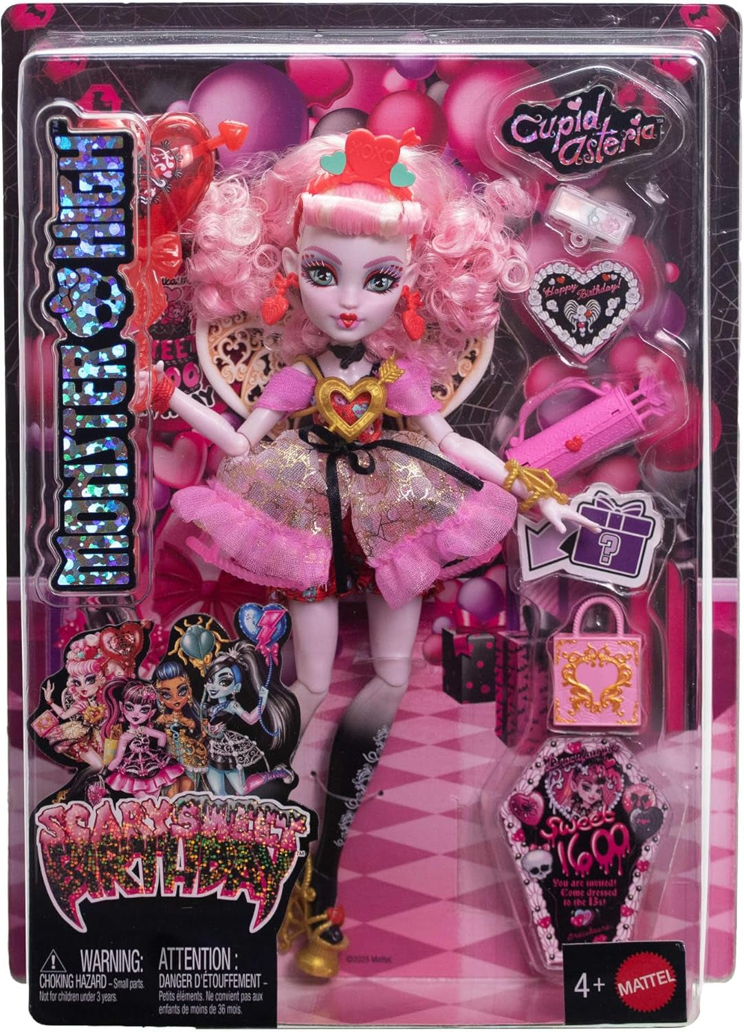 Monster High Skrämmande söt födelsedag Cupid Asteria docka i rosa och röd festklänning med tillbehör som inbjudan, ballong, present och mer, JBG77
