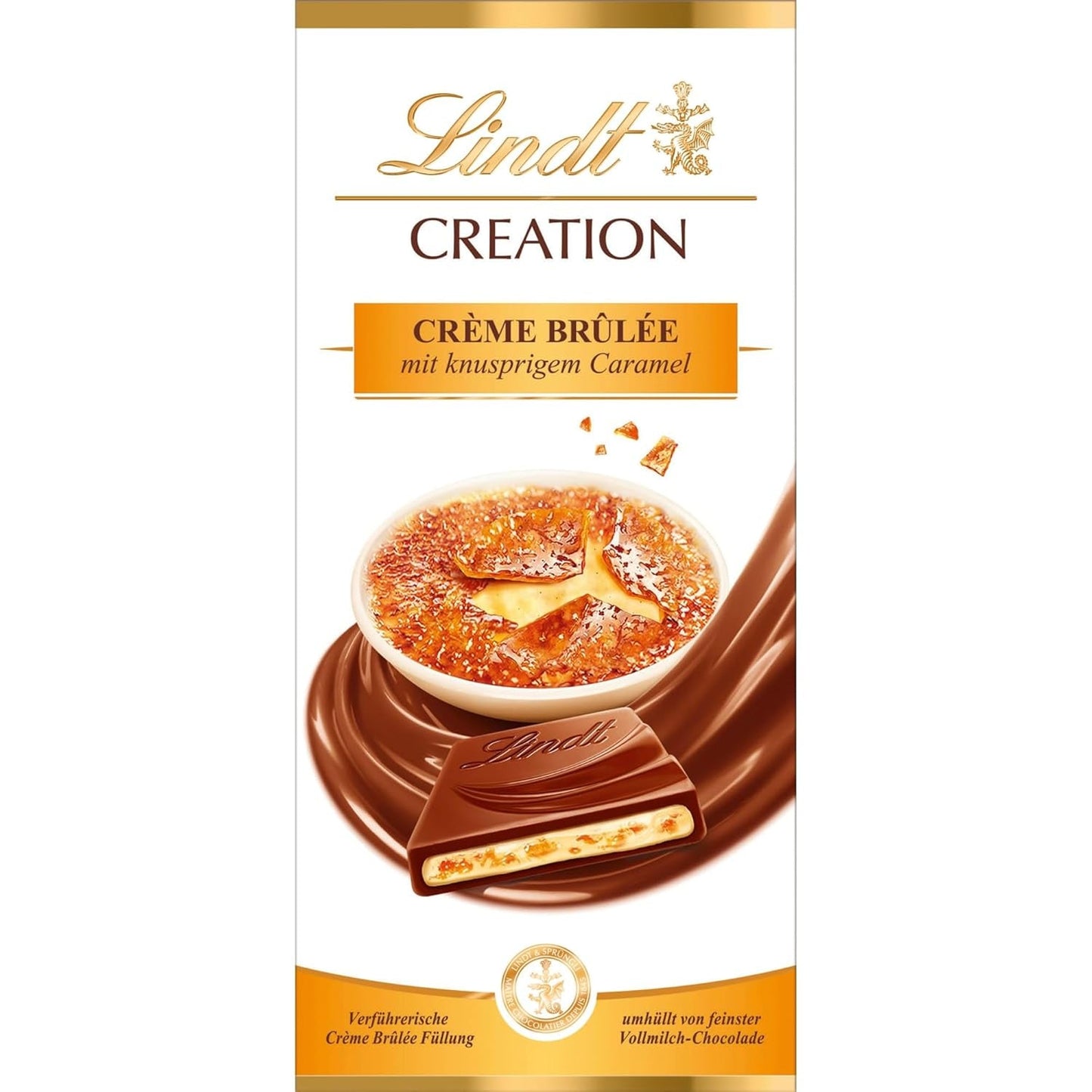 Bar Crème Brûlée Lindt Chocolate Creation | Crème Brûlée fyllning med krispig kola, toppad med den finaste mjölkchokladen | Chokladkaka | Chokladpresent, 150g