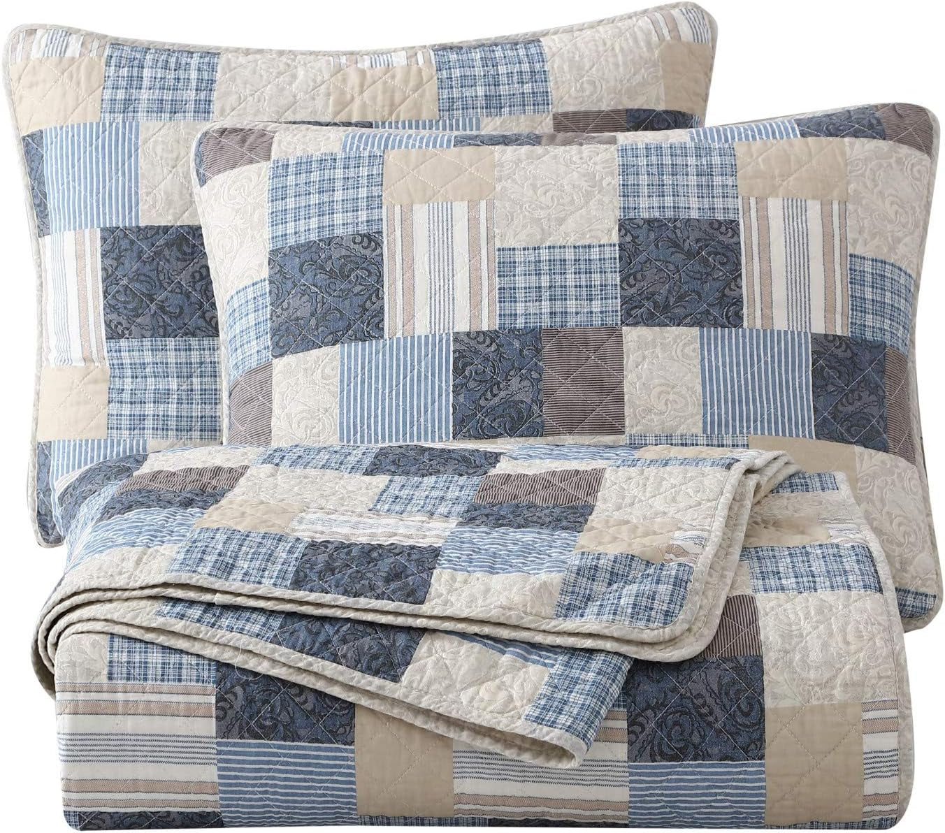 Chezmoi Collection Addy Patchwork Quilt Set Förtvättad bomull Lätt Vändbar All Seasons Oversized 3 delar Marinblå Vit Grå Taupe Pläd Quilts & Quilts Naty Shop Patchwork Queen Pläd