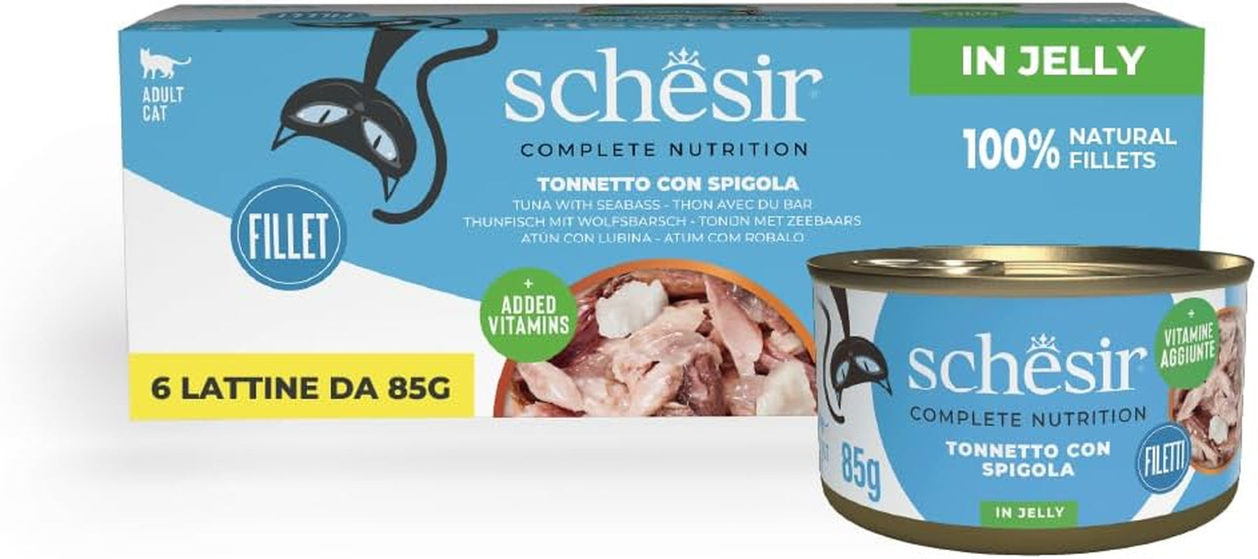 Blåfenad tonfisk i gelé, komplett våt kattmat, konserverad, med tillsatta vitaminer, 100 % naturlig, 6 x 85 g