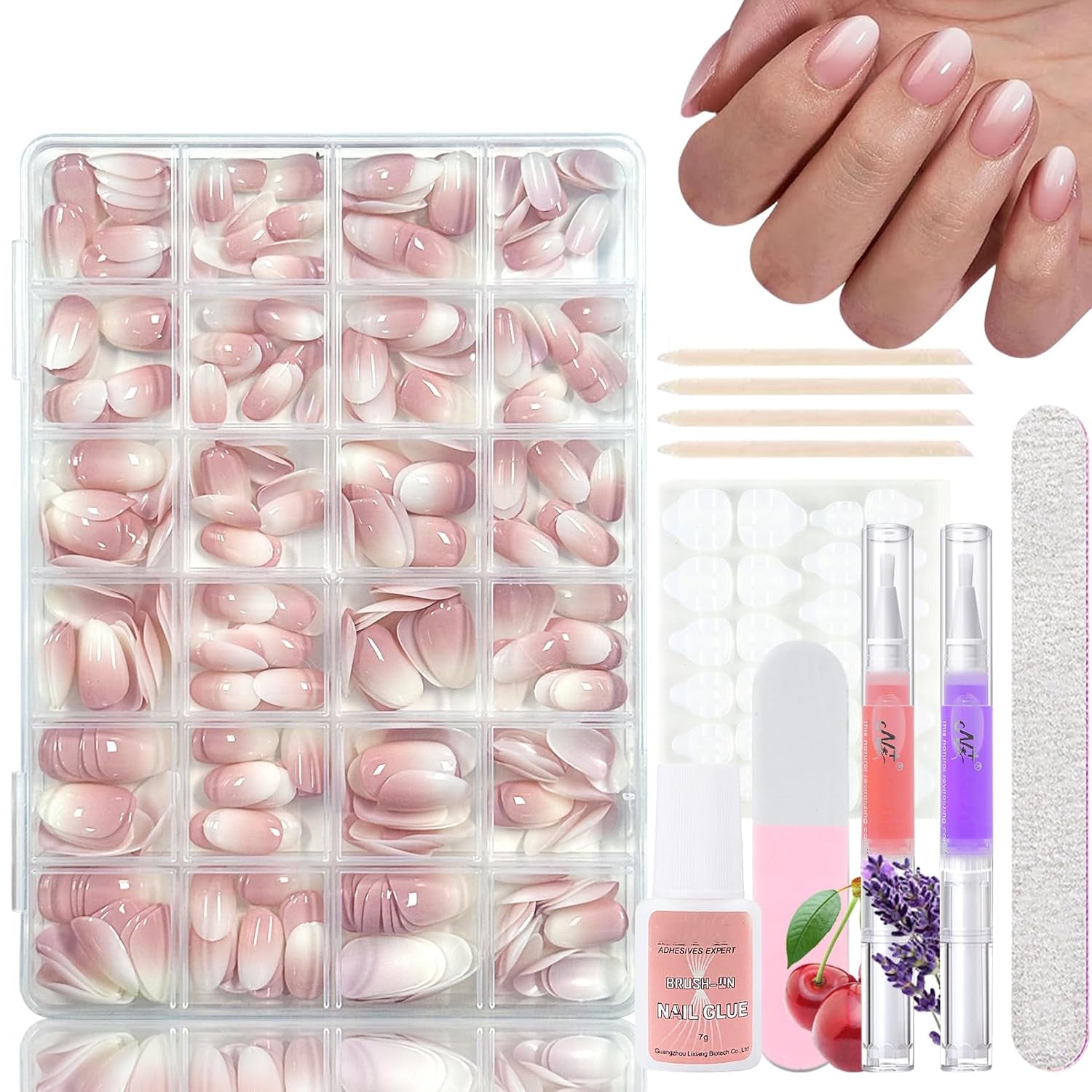360st Gradient Ballerina False Nails Set, Rosa Vit Gradient Limmade konstgjorda naglar med 2st Nail Oil Pens, Ombre Medium Fake Nails for Women DIY