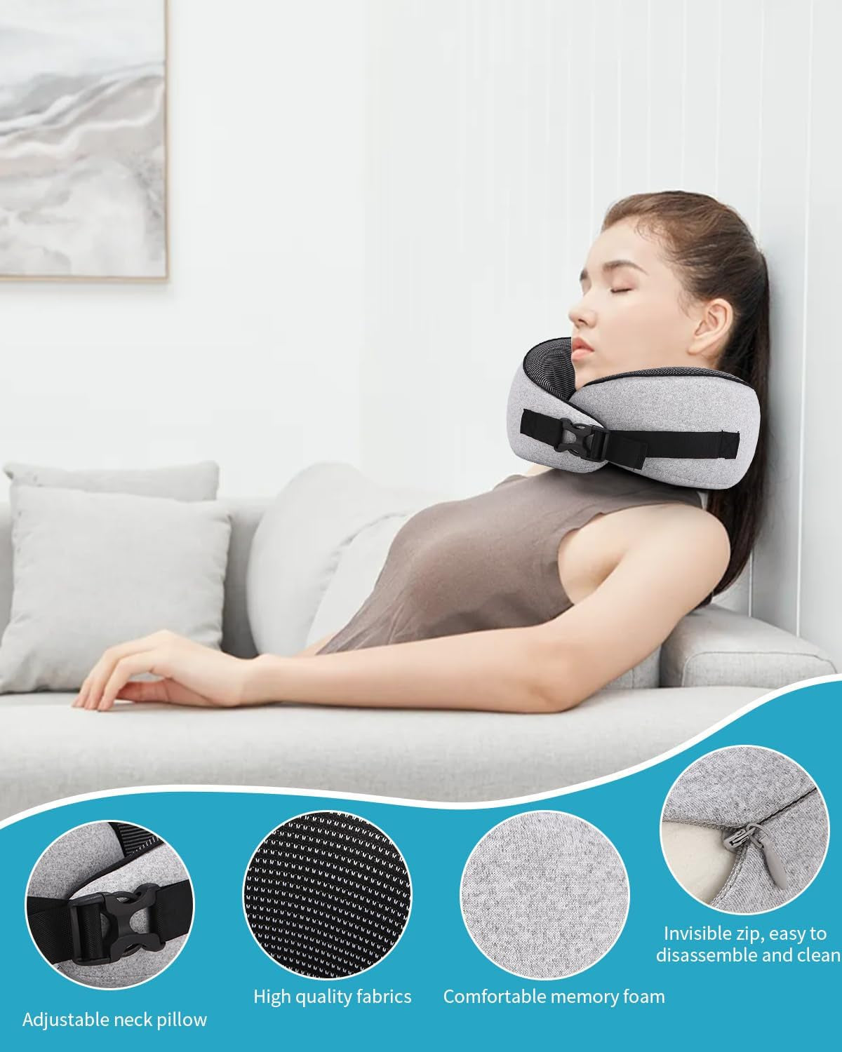 Flygplans nackkudde, Memory Foam resekudde, vuxen nackkudde, justerbar tvättbar flygplanskudde, ergonomisk resekudde (grå) cervikala ortopediska kuddar Naty Shop