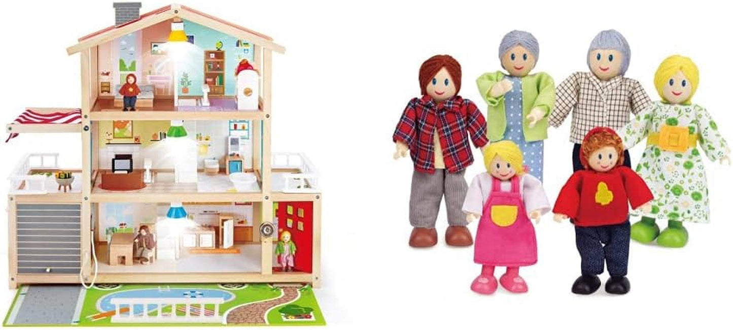 E3405 - Dockhus, Dockhus med tillbehör, trä och E3500 - Dockfamilj, ljus hud