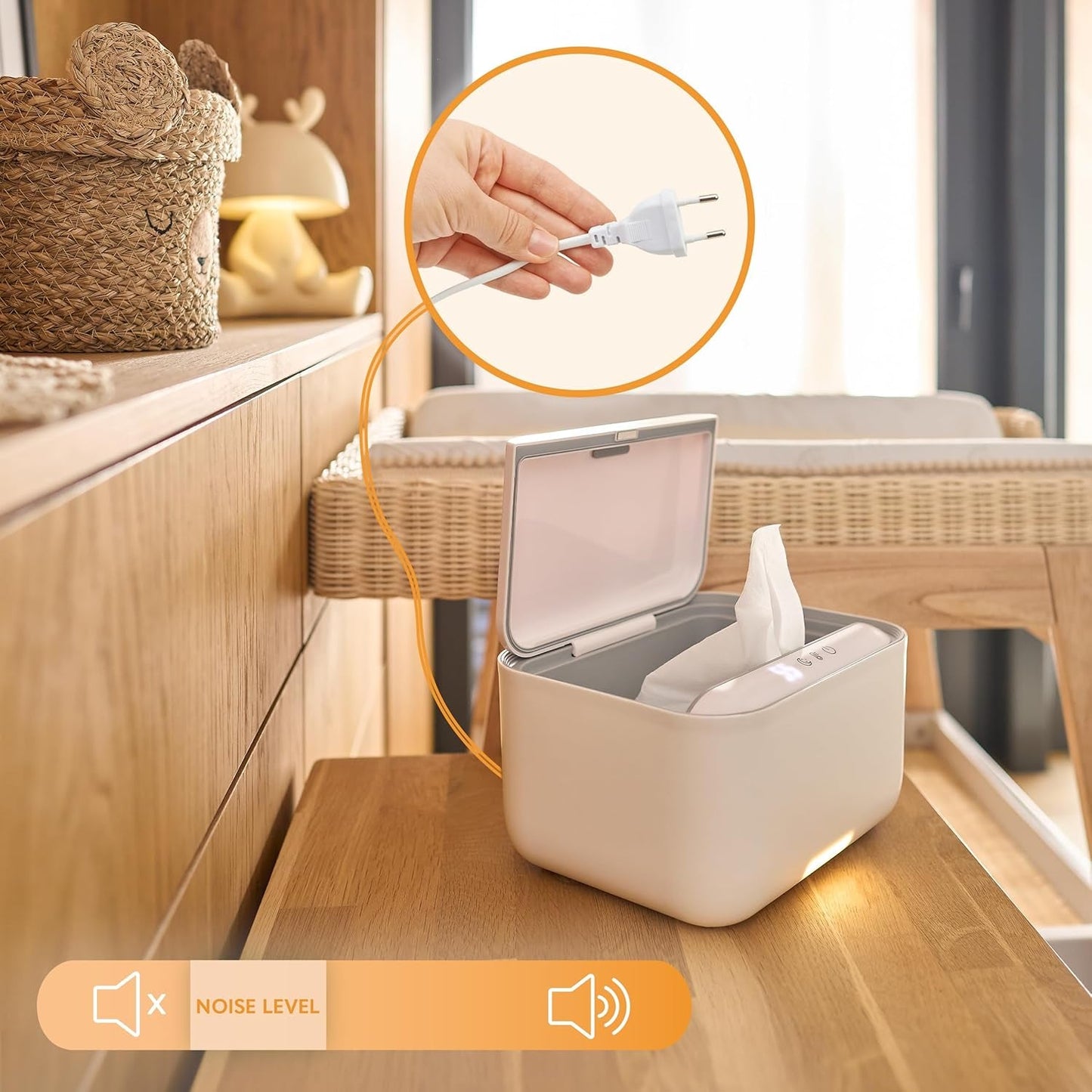 Lionelo BABYBLISS 20W Värmare för våtservetter och små handdukar, 20W för spädbarn, inbyggt nattljus, 3 värmeinställningar, pekskärm, håller våtservetterna fuktiga