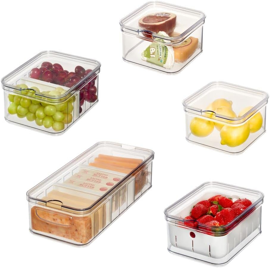 iDesign förvaringslådor, kylarrangör med lock i en uppsättning om 5, återvunnen plastmatförvaringslådor för att organisera förbrukningsvaror, genomskinliga och vita Naty Shop matförvaringslådor Transparent, vit set med 5