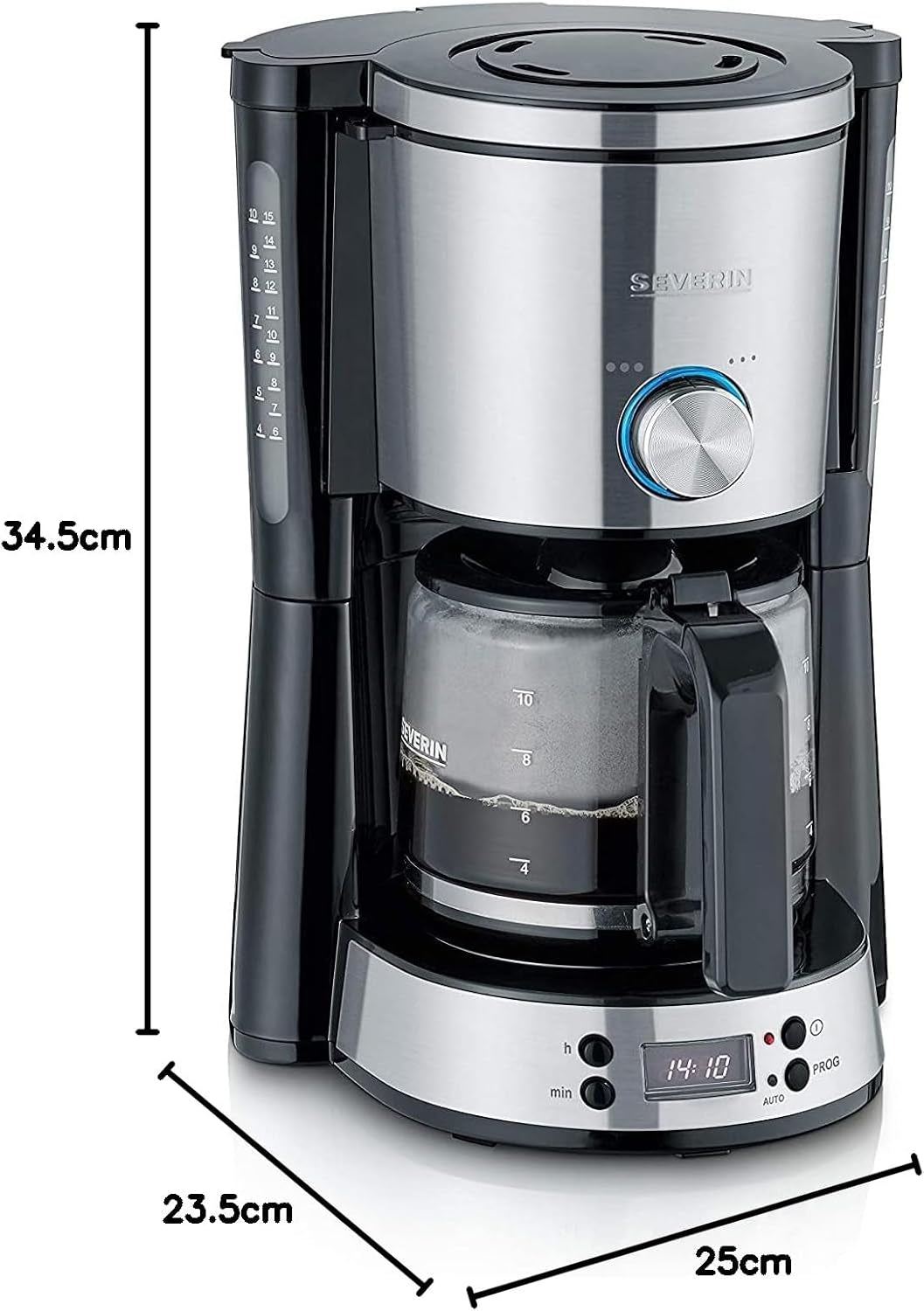 SEVERIN "TypeSwitch" espressomaskin med glaskaraff och timer, AromaSwitch för att välja 2 bryggalternativ, digital klocka med timerfunktion, för upp till 10 koppar, 1000W, borstat rostfritt stål-svart, KA 4826